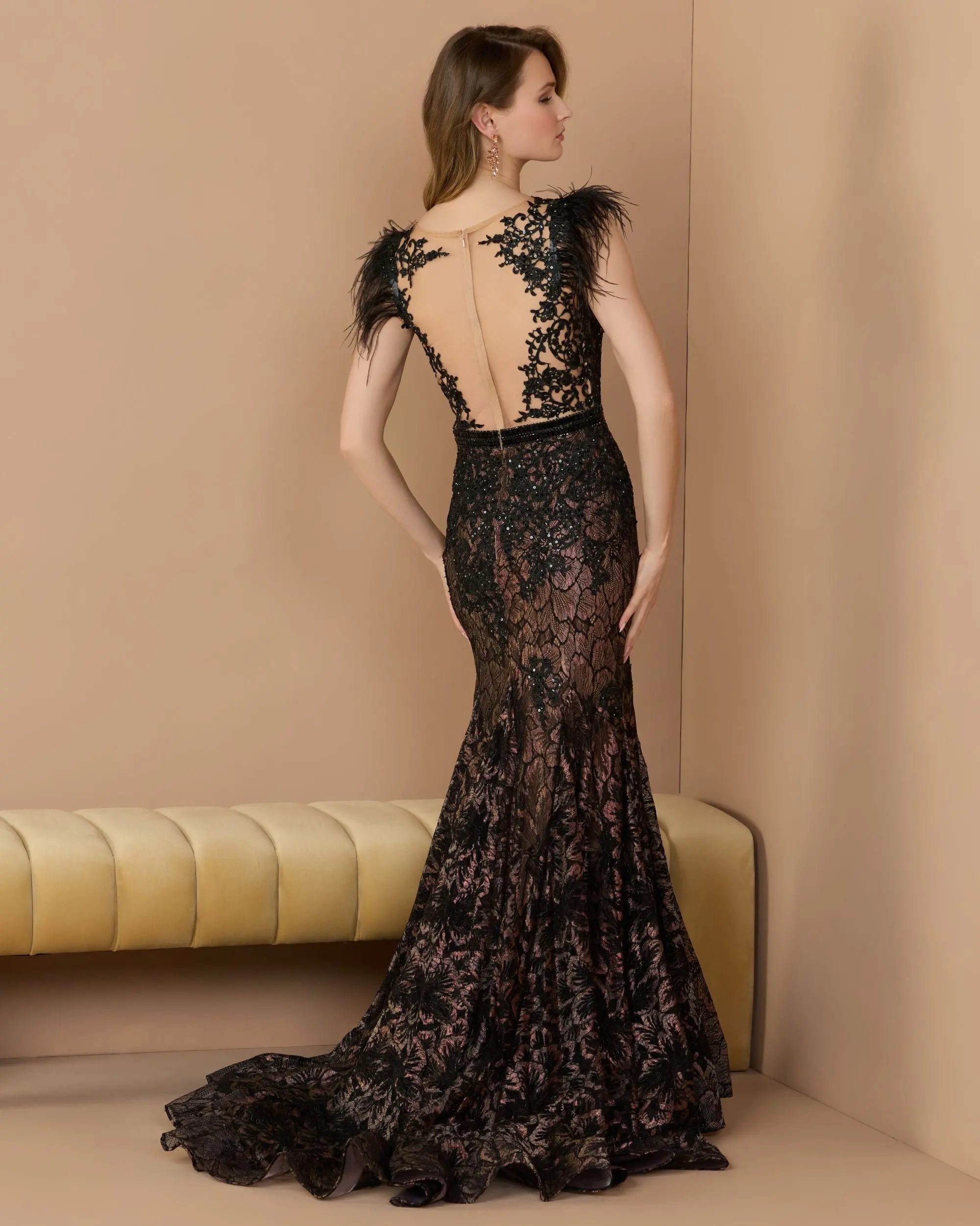 Black Embellished Lace High Neck Gown With Feather Sleeves - Special Events Unlimited