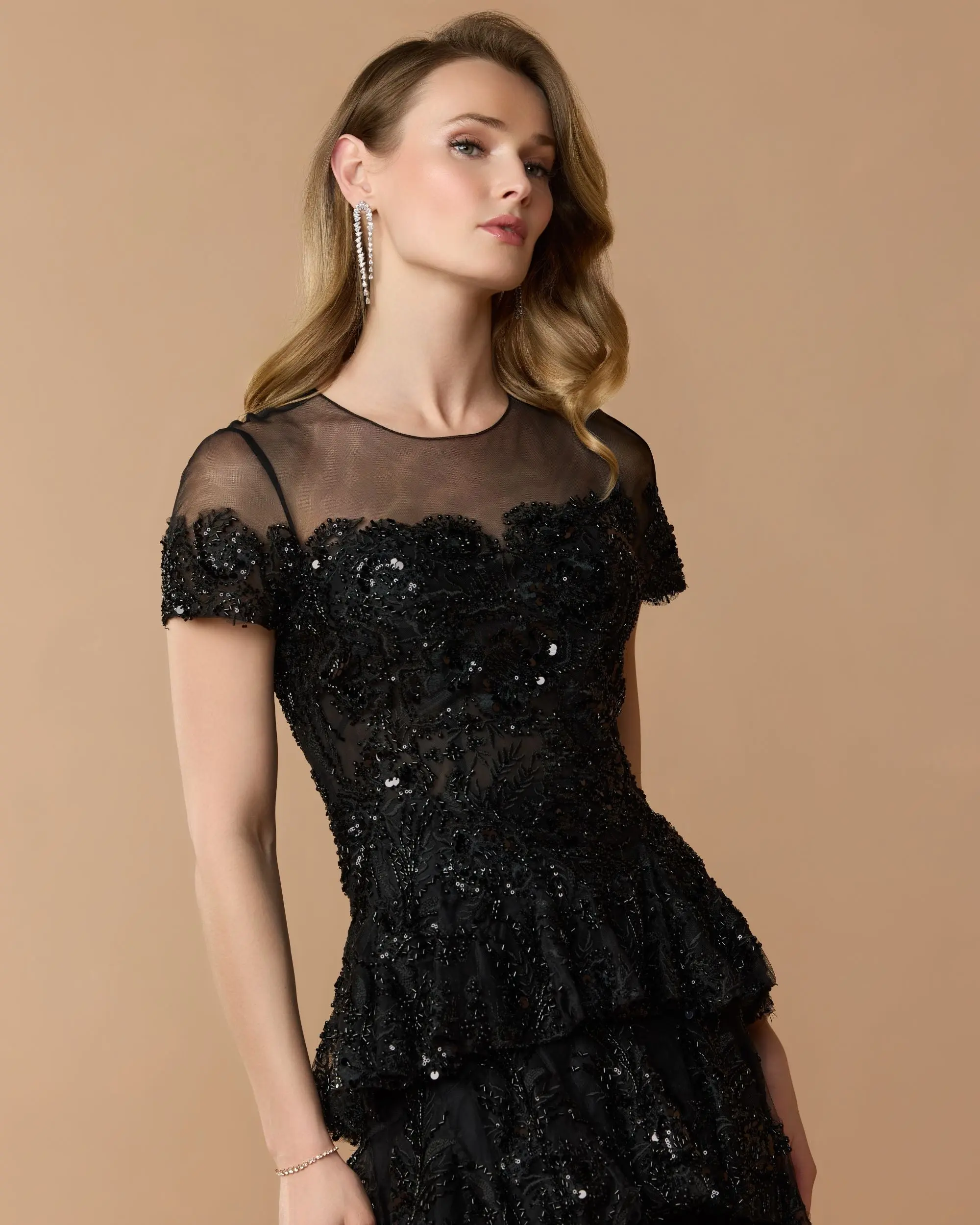 Black Embellished High Neck Gown With Tiered Ruffle Skirt - Special Events Unlimited