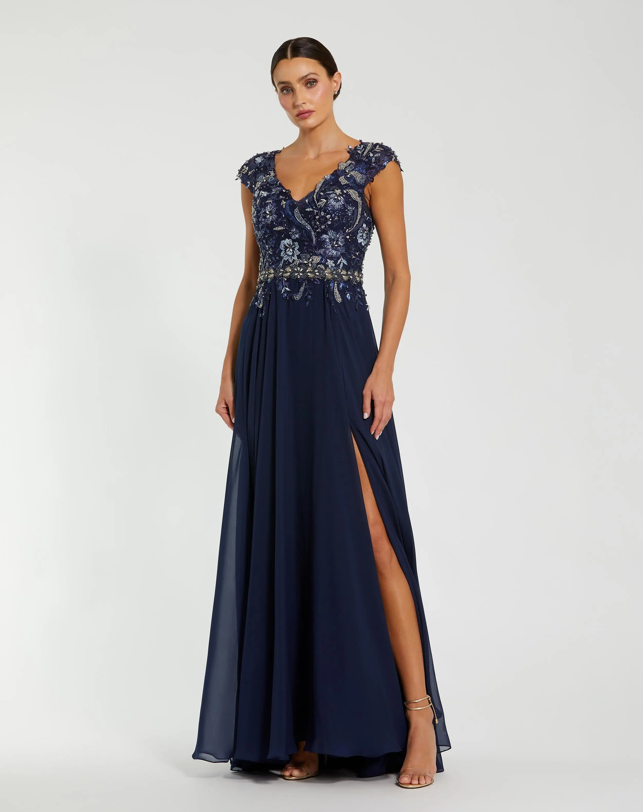 Navy Embellished Chiffon Cap Sleeve A-Line Gown - Special Events Unlimited