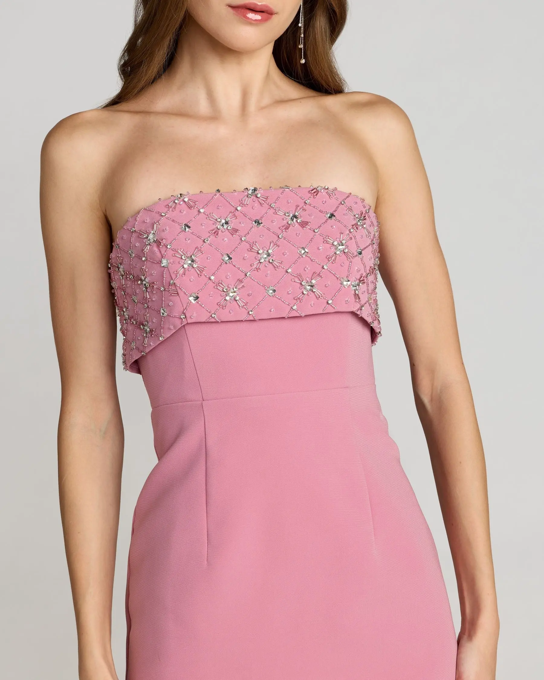 Pink Strapless Crepe Midi Dress With Rhinestone Detail - Special Events Unlimited