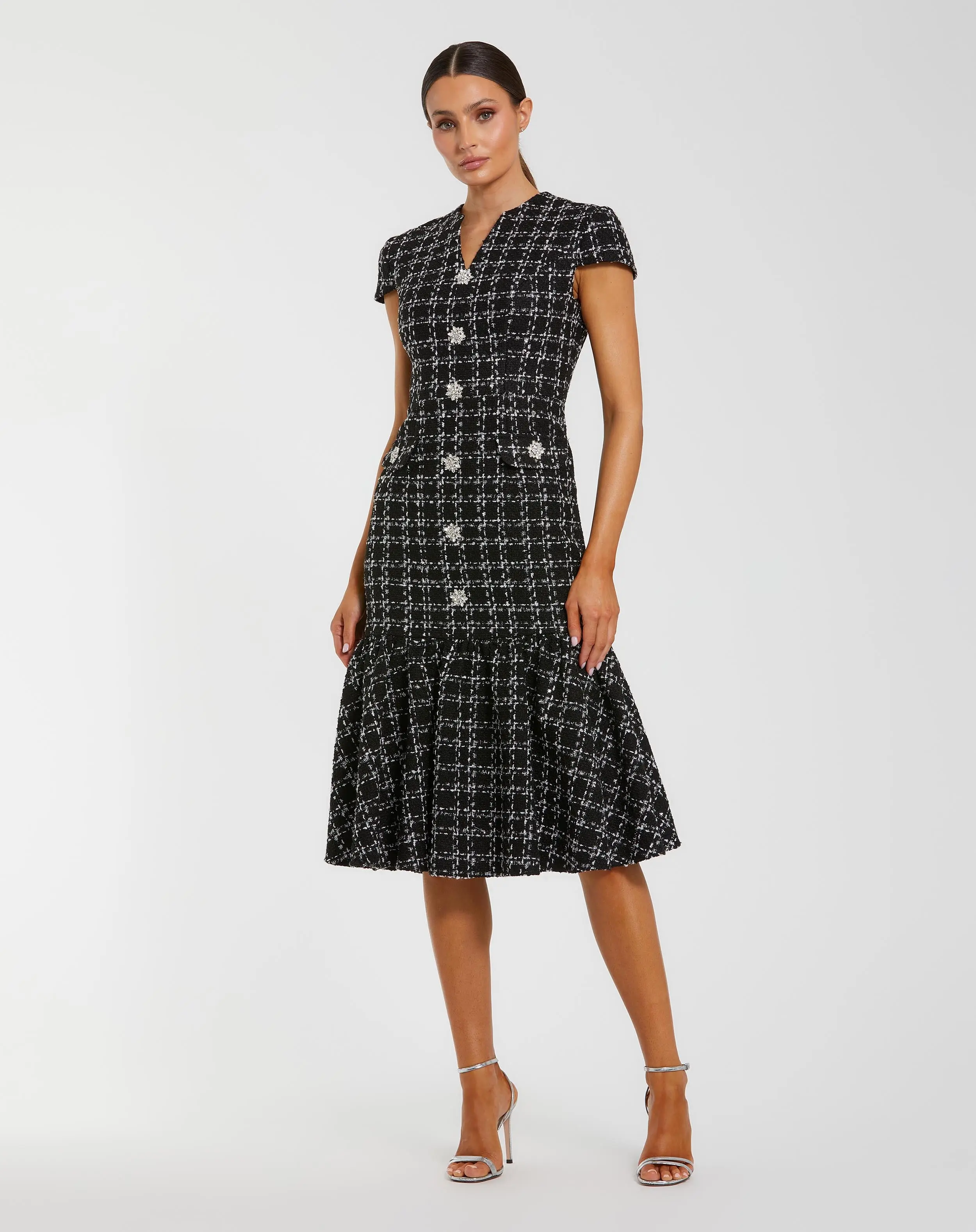 Black Cap Sleeve Boucle A Line Midi Dress - Special Events Unlimited