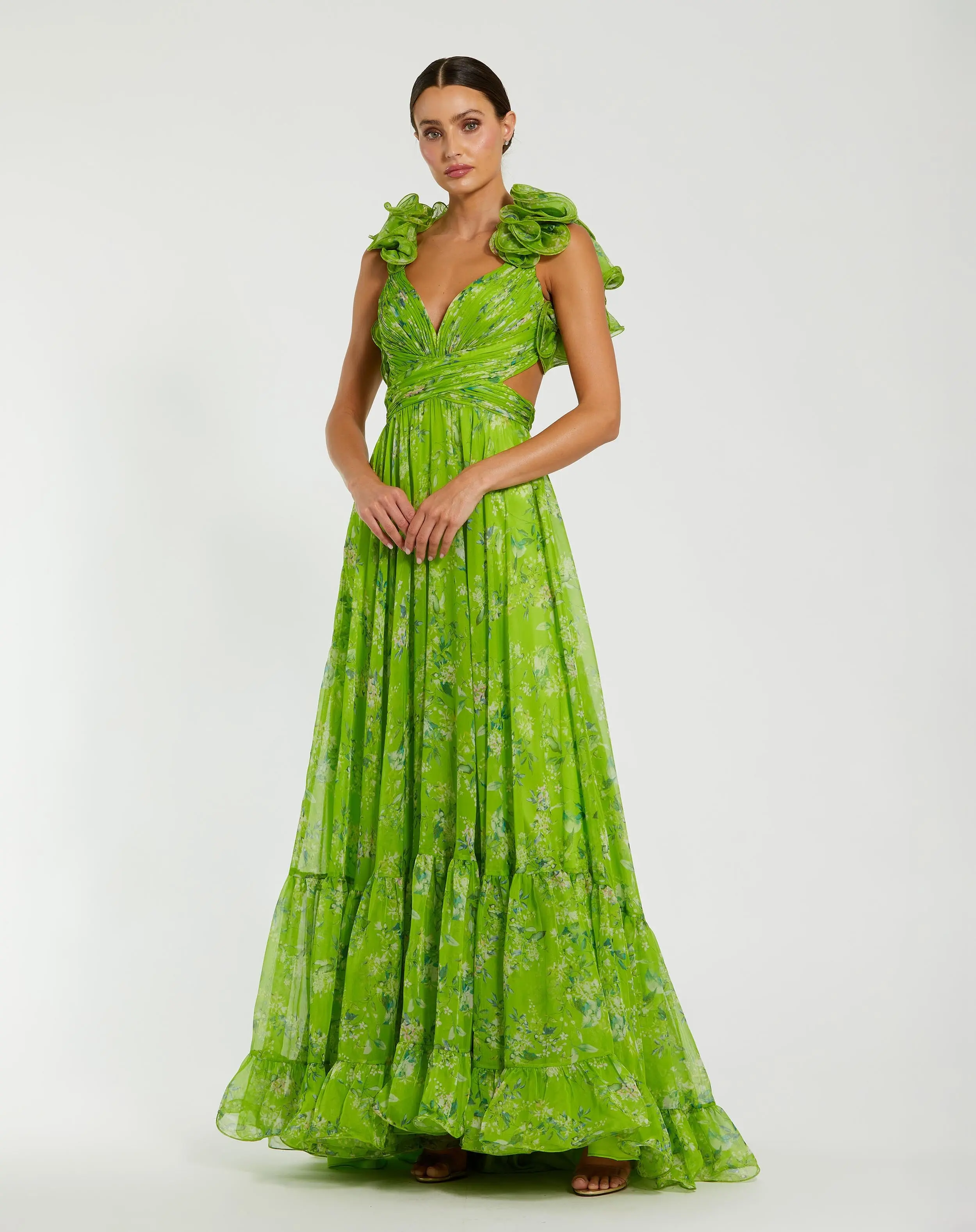 Green Ruffle Tiered Floral Cut-Out Chiffon Gown - Special Events Unlimited
