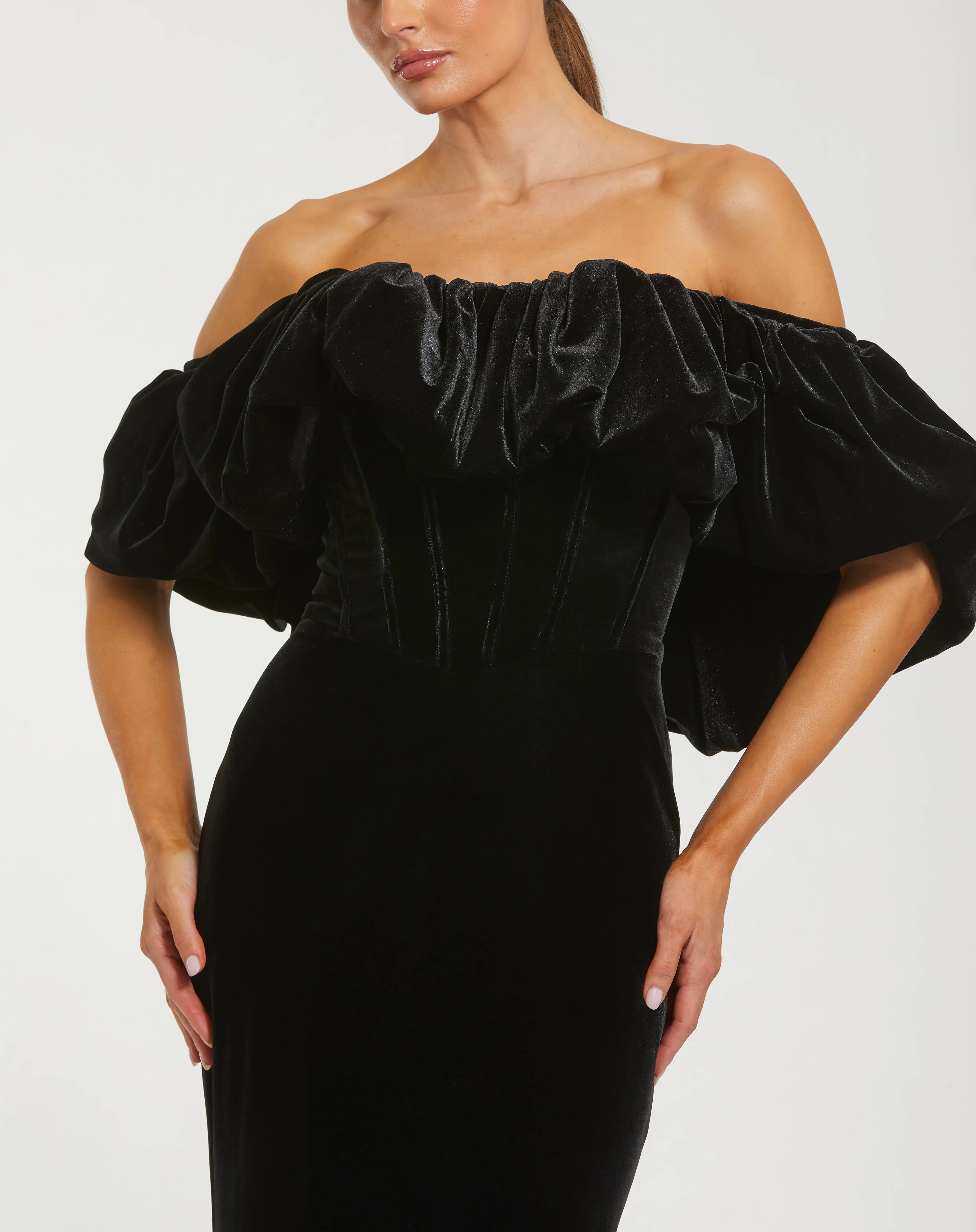 Black Off The Shoulder Velvet Bustier Mermaid Gown - Special Events Unlimited