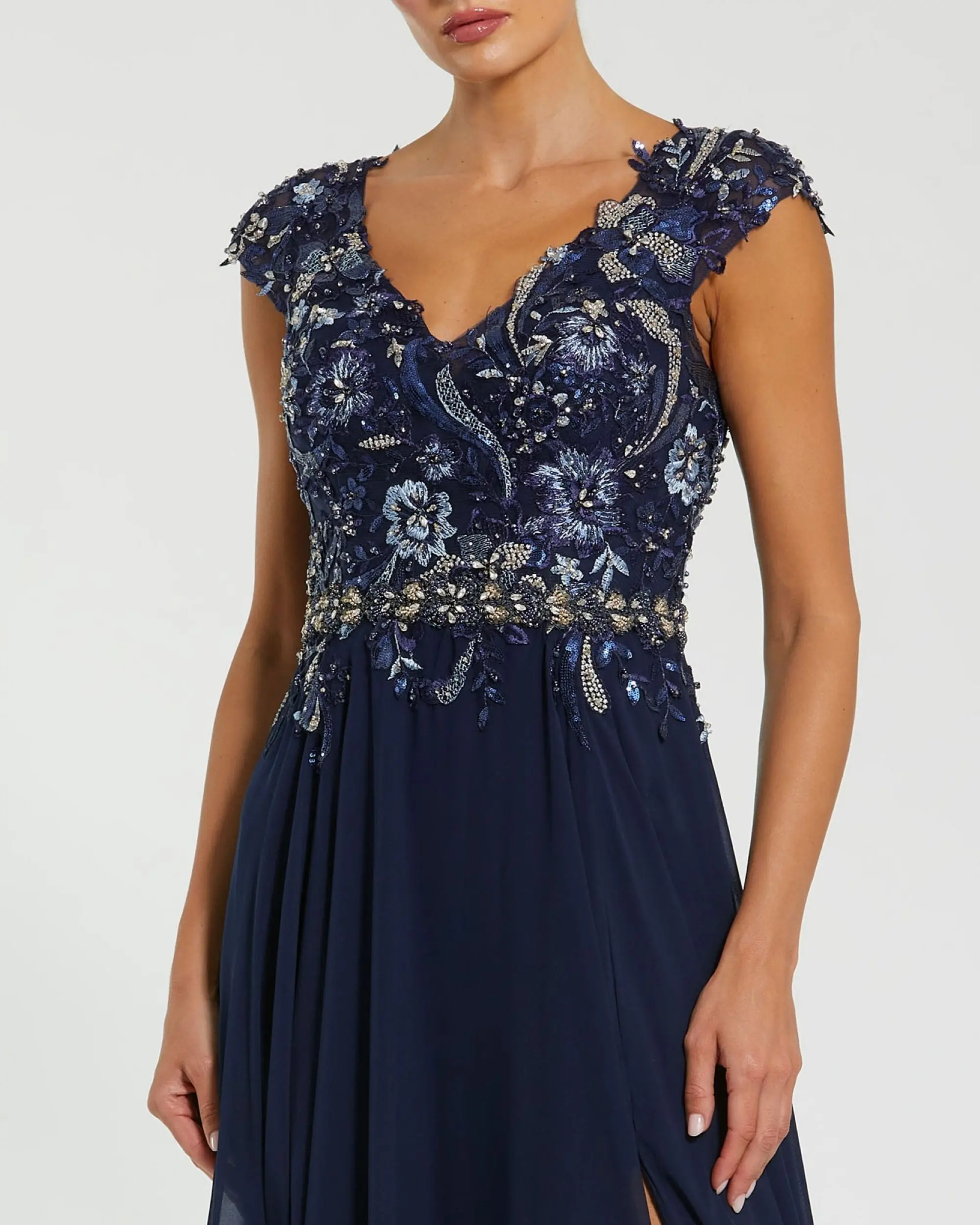 Navy Embellished Chiffon Cap Sleeve A-Line Gown - Special Events Unlimited