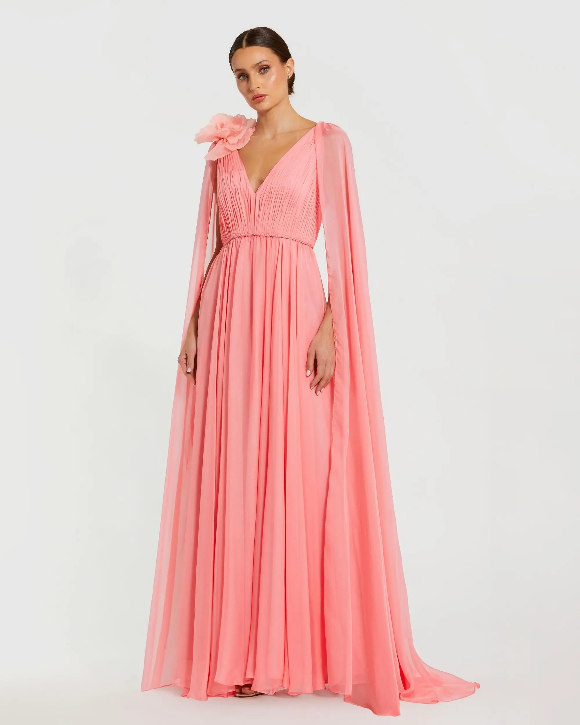Pink Chiffon V-Neck Gown With Cape Sleeves - Special Events Unlimited
