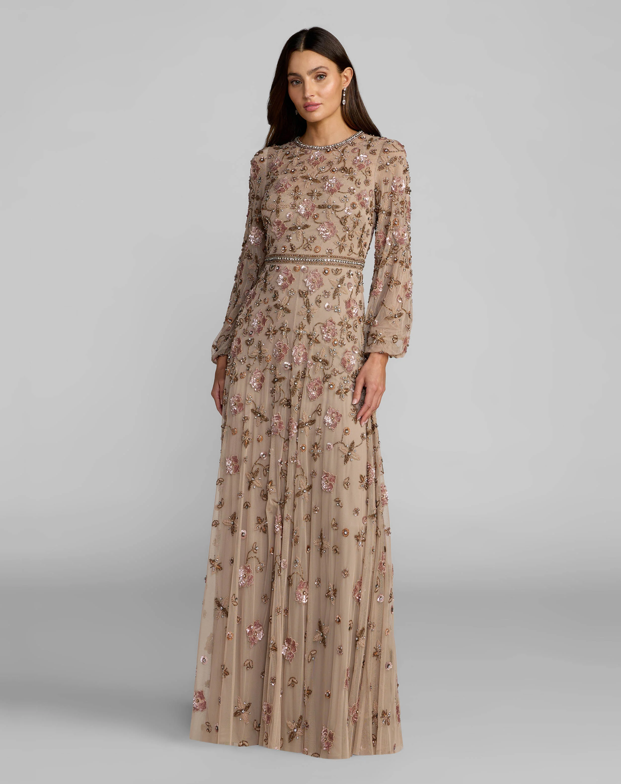Beige Crystal Beaded Floral Bishop Sleeve Gown - Special Events Unlimited