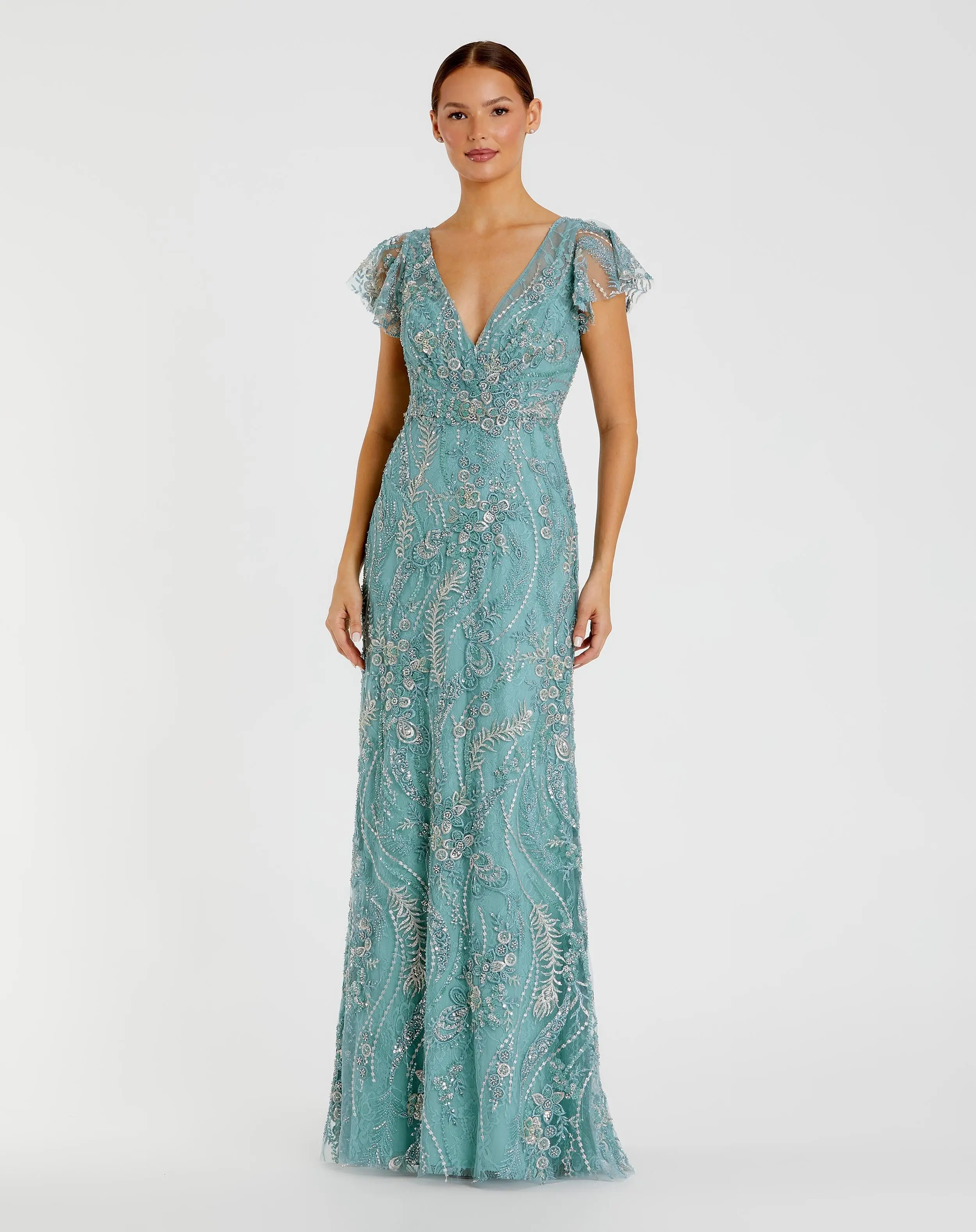 Petite Blue V-Neck Flutter Sleeve Floral Embroidered Gown - Special Events Unlimited
