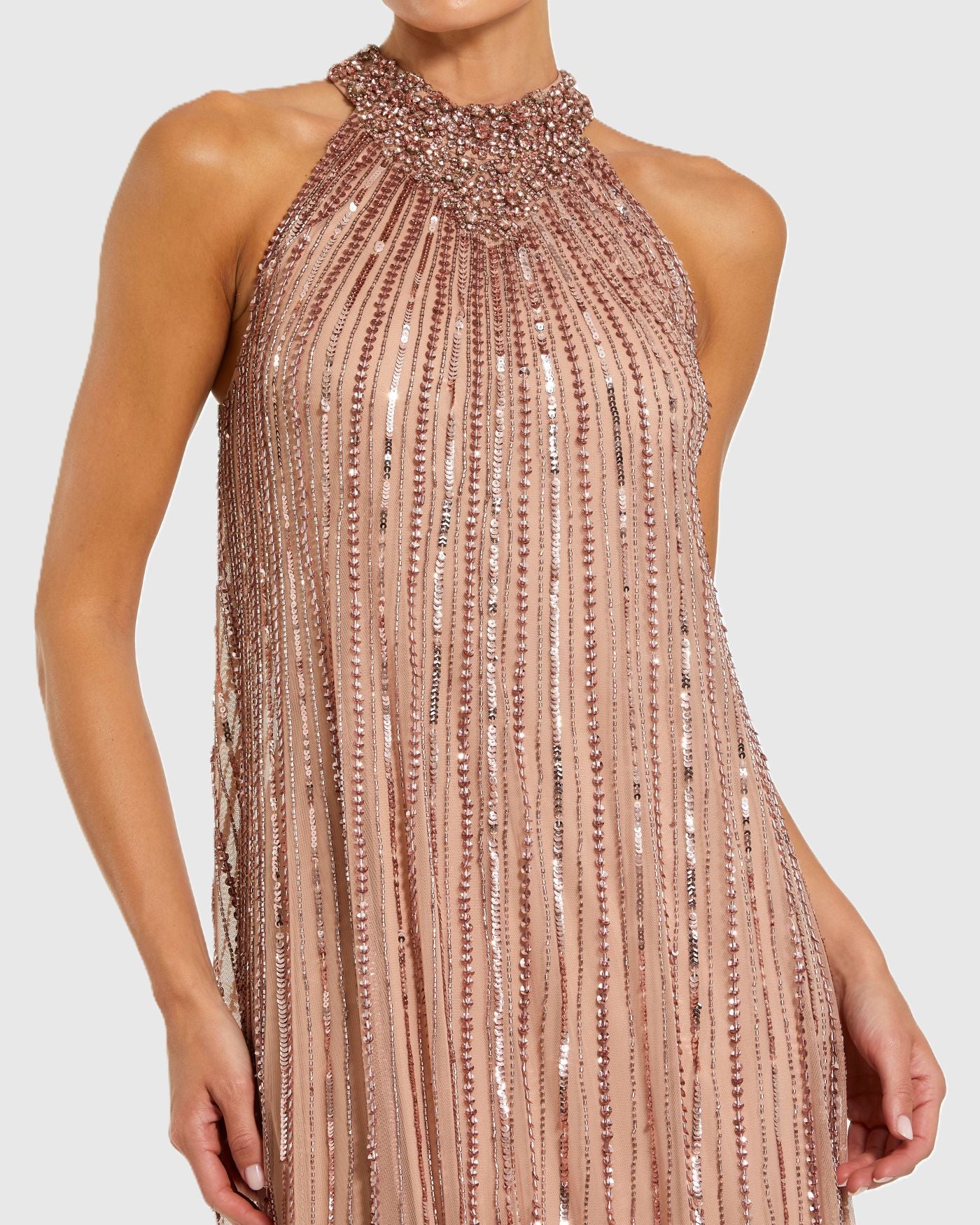 Pink Sleeveless Halter Neck Embellished Trapeze Gown - Special Events Unlimited
