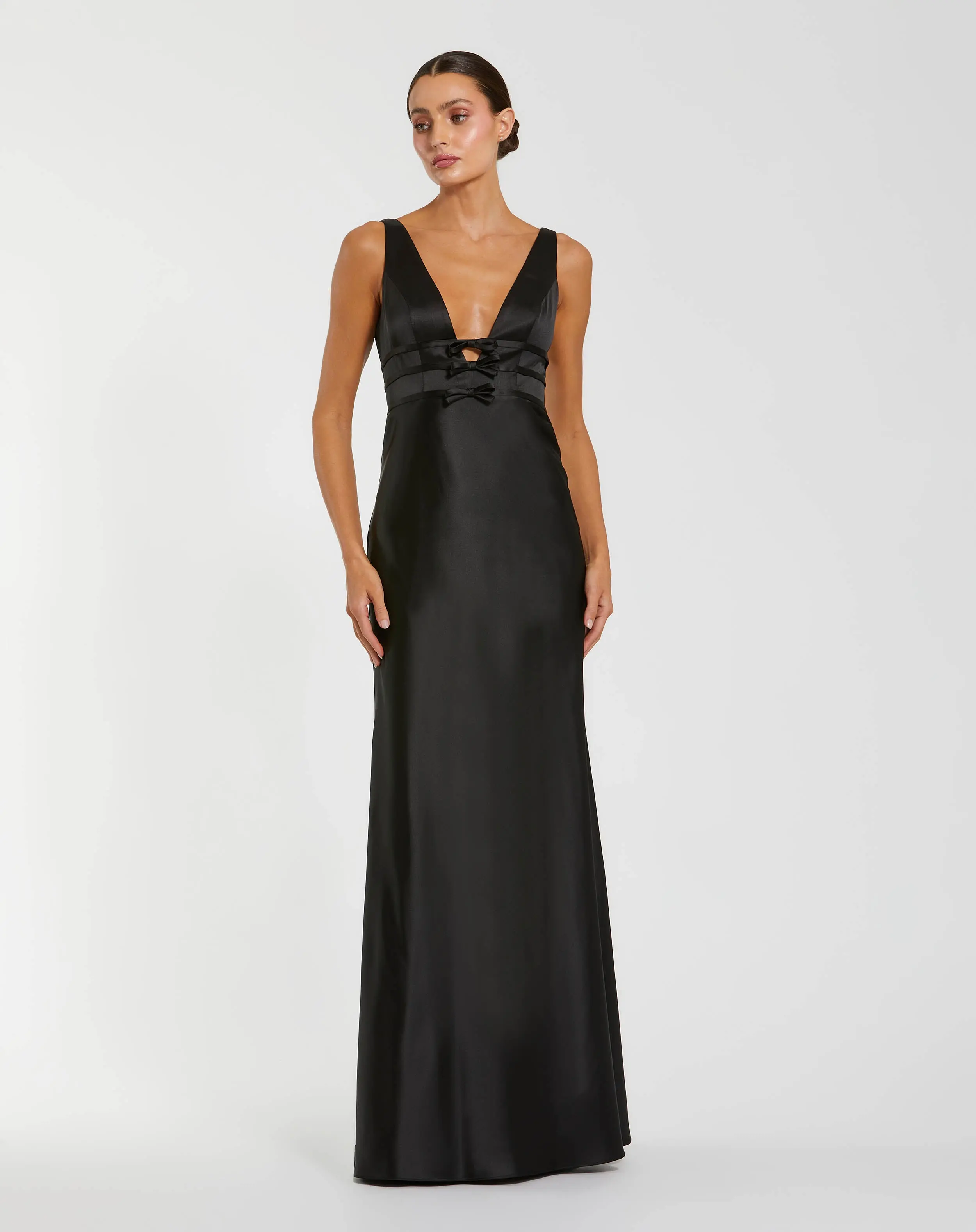 Sleeveless V Neck Satin Gown With Bow Details - Special Events Unlimited