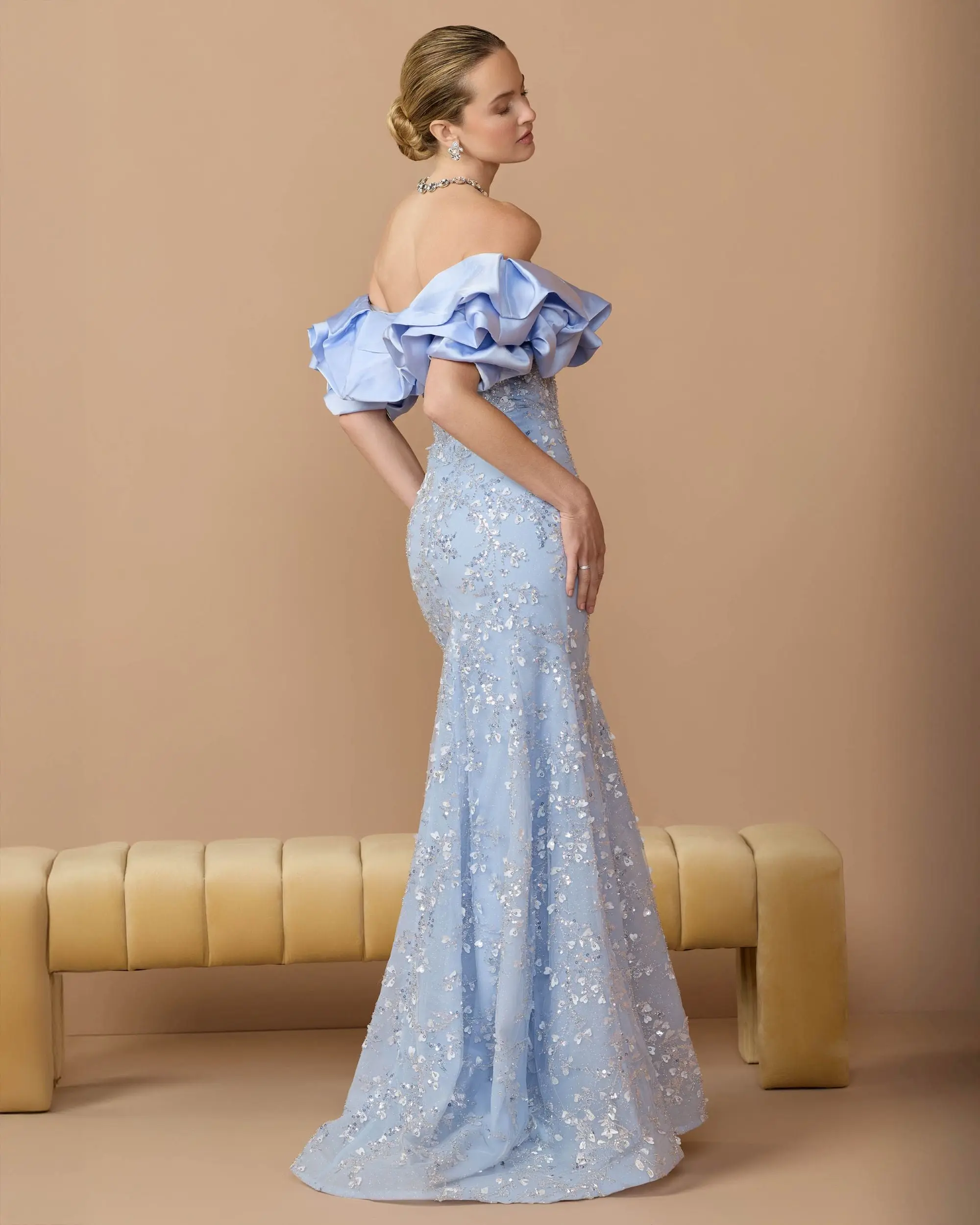 Blue Embellished Mermaid Gown With Off The Shoulder Ruffle - Special Events Unlimited