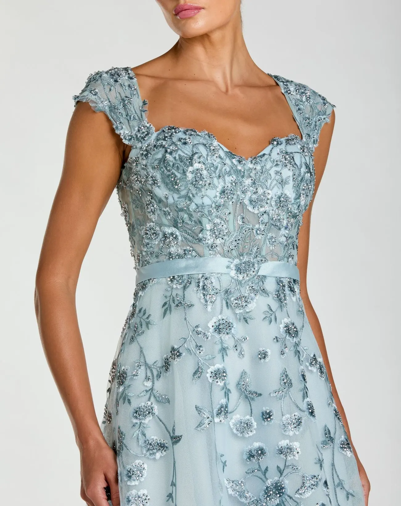 Blue Floral Embroidered Sweetheart Neckline Midi Dress - Special Events Unlimited