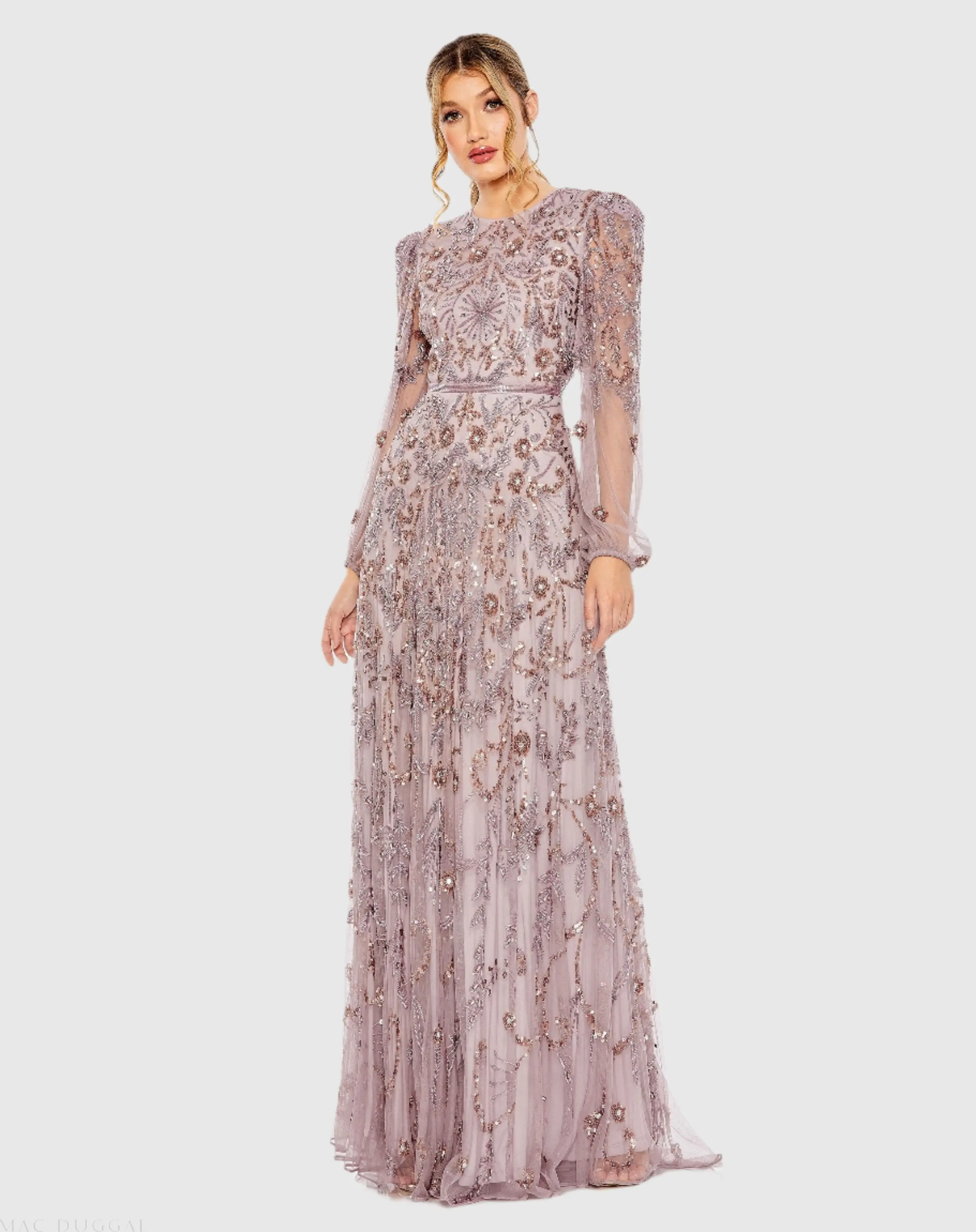 Purple Puff Sleeve Embellished A Line Gown - Special Events Unlimited