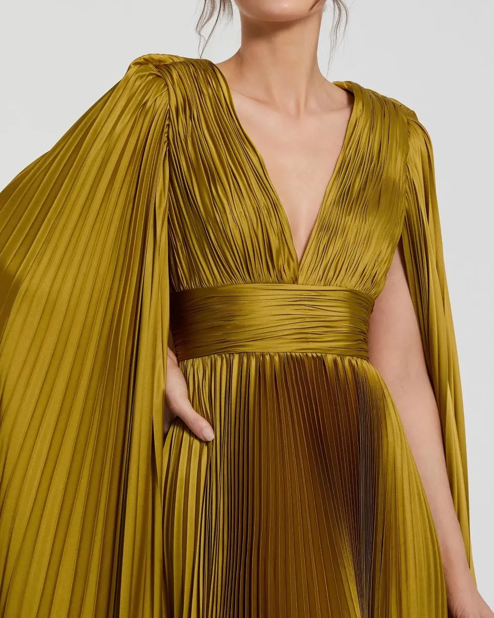 Green Pleated Charmeuse V Neck Gown With Cape - Special Events Unlimited