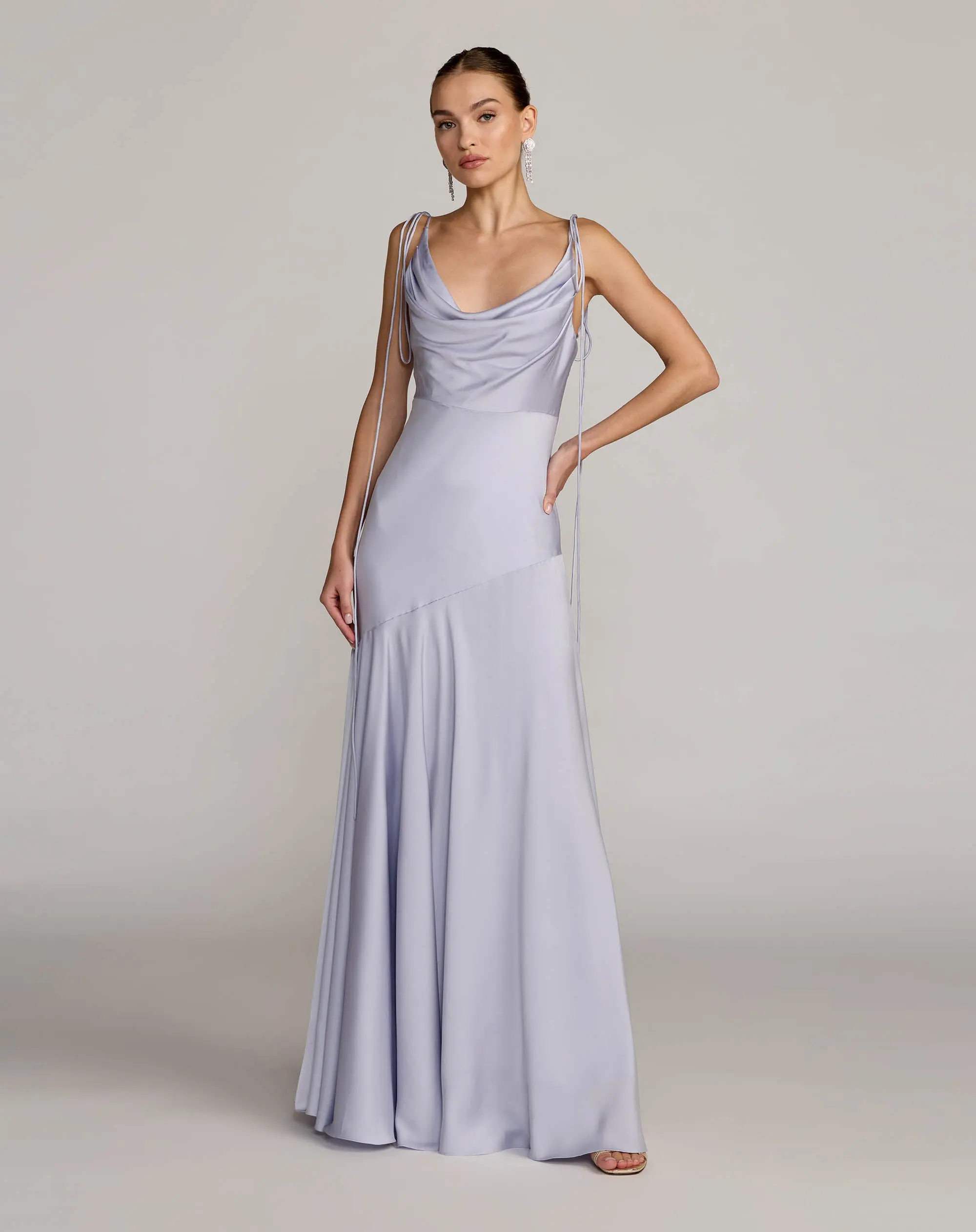Purple Charmeuse Cowl Gown With Thin Bow Straps - Special Events Unlimited