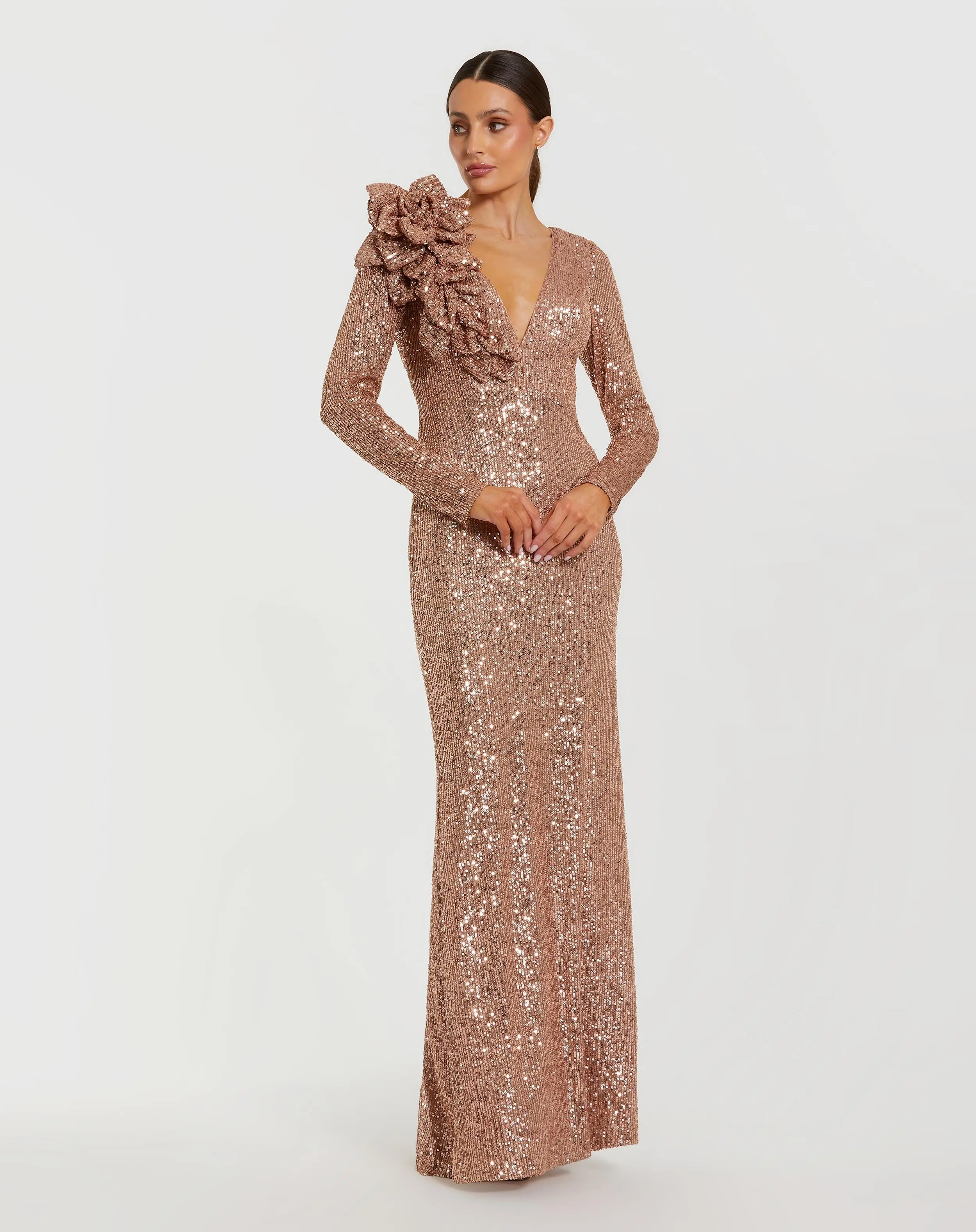 Light Pink Long Sleeve V Neck Sequin Gown With 3D Flower - Special Events Unlimited