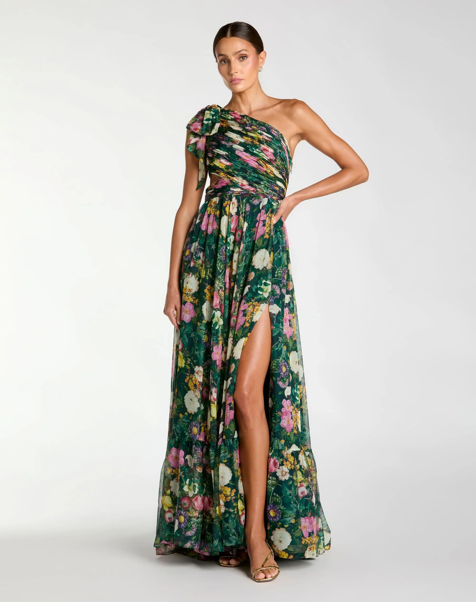 Green One Shoulder Floral Printed Chiffon Side Cut Out Gown - Special Events Unlimited