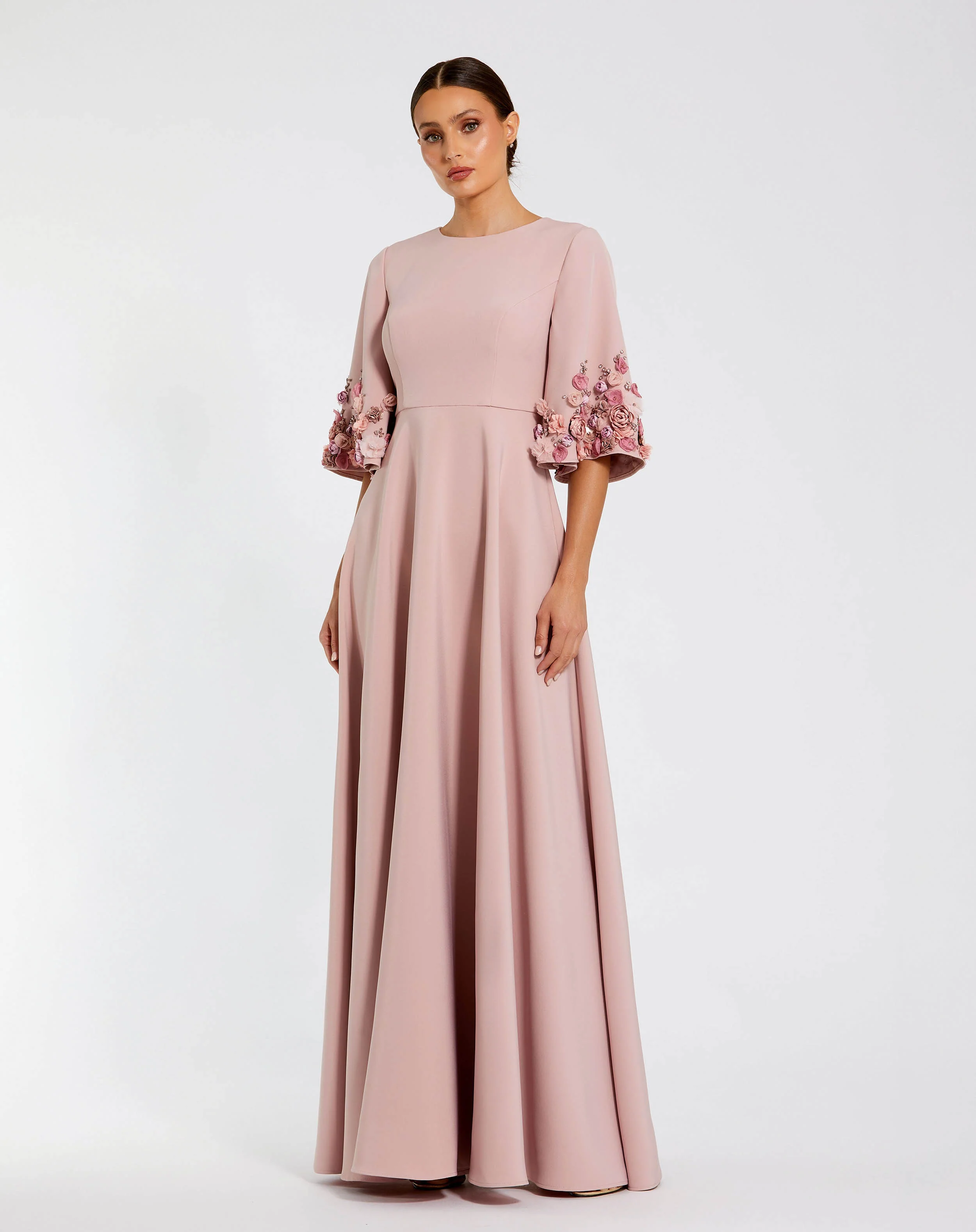 Petite Pink Crepe 3/4 Sleeve A-line Gown With Flower Trim - Special Events Unlimited