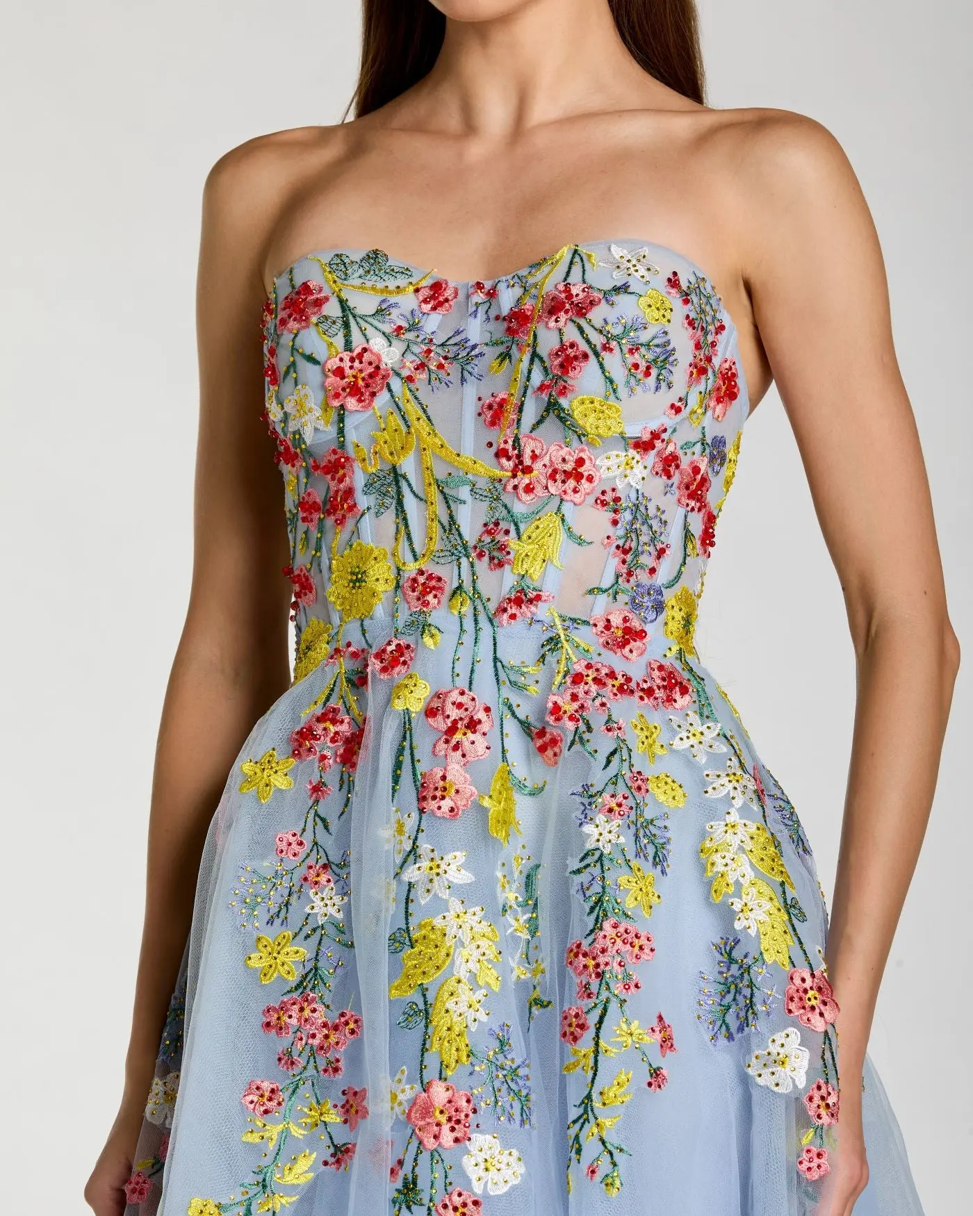 Blue Strapless Floral Embroidered A-Line Midi Dress - Special Events Unlimited