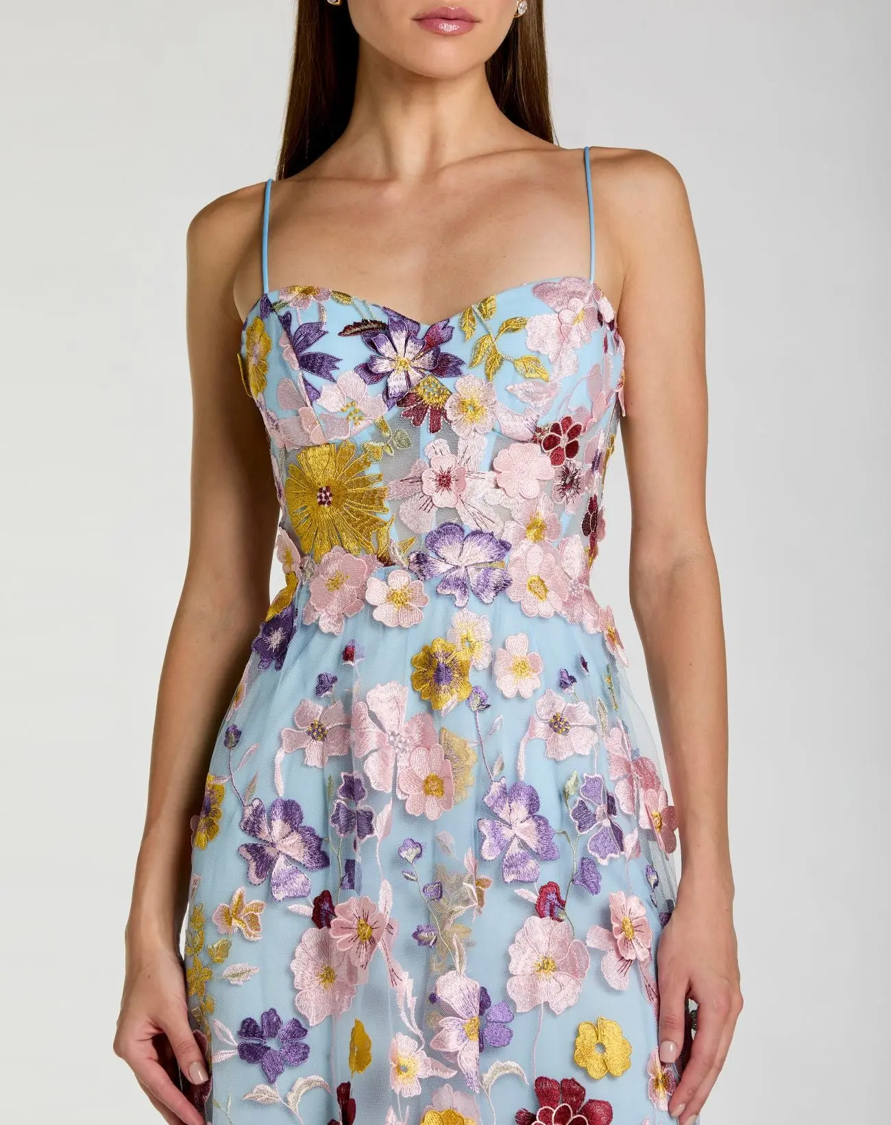 Blue Spaghetti Strap Floral Embroidered A-Line Gown - Special Events Unlimited