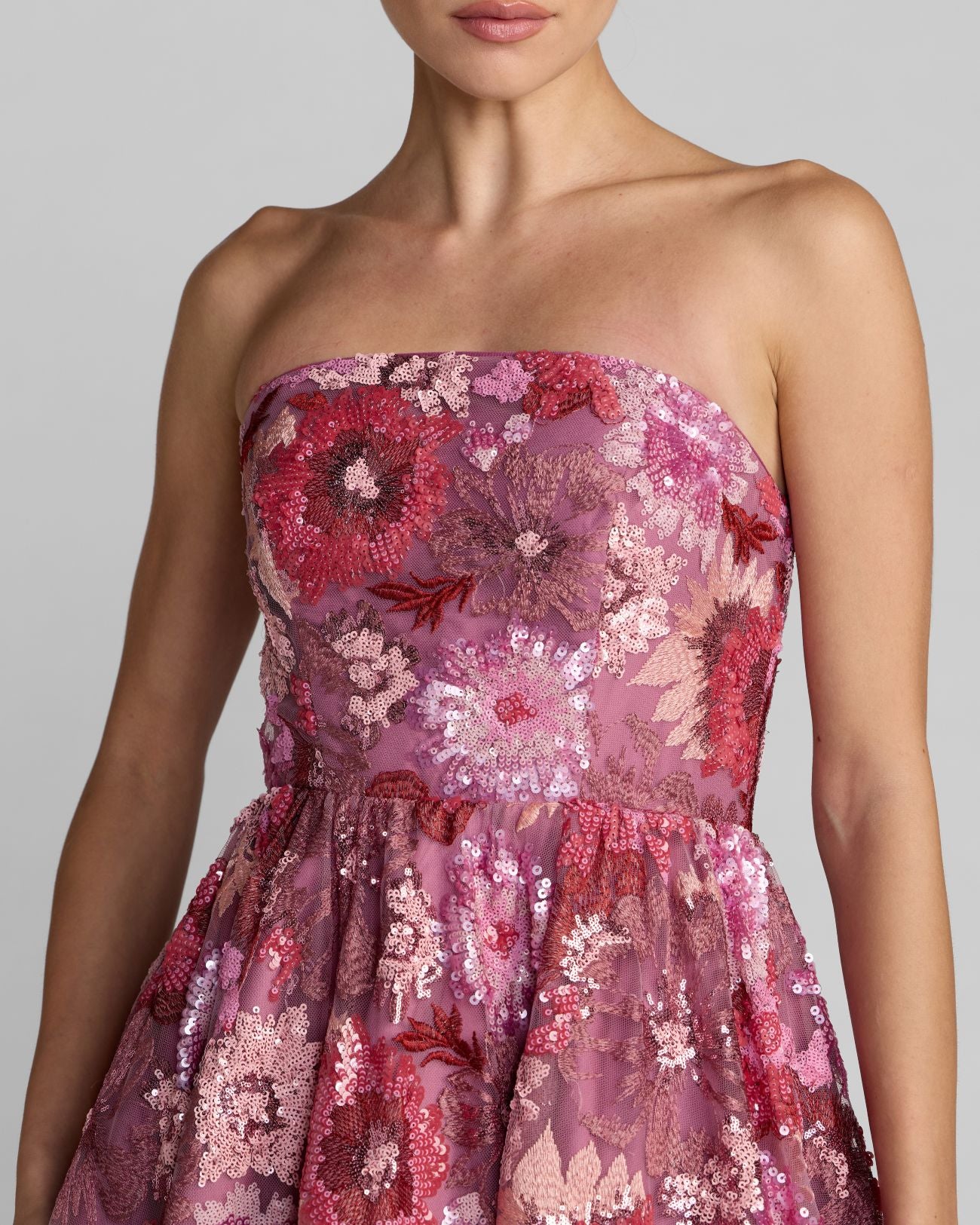 Purple Floral Sequin Strapless Midi Dress - Special Events Unlimited