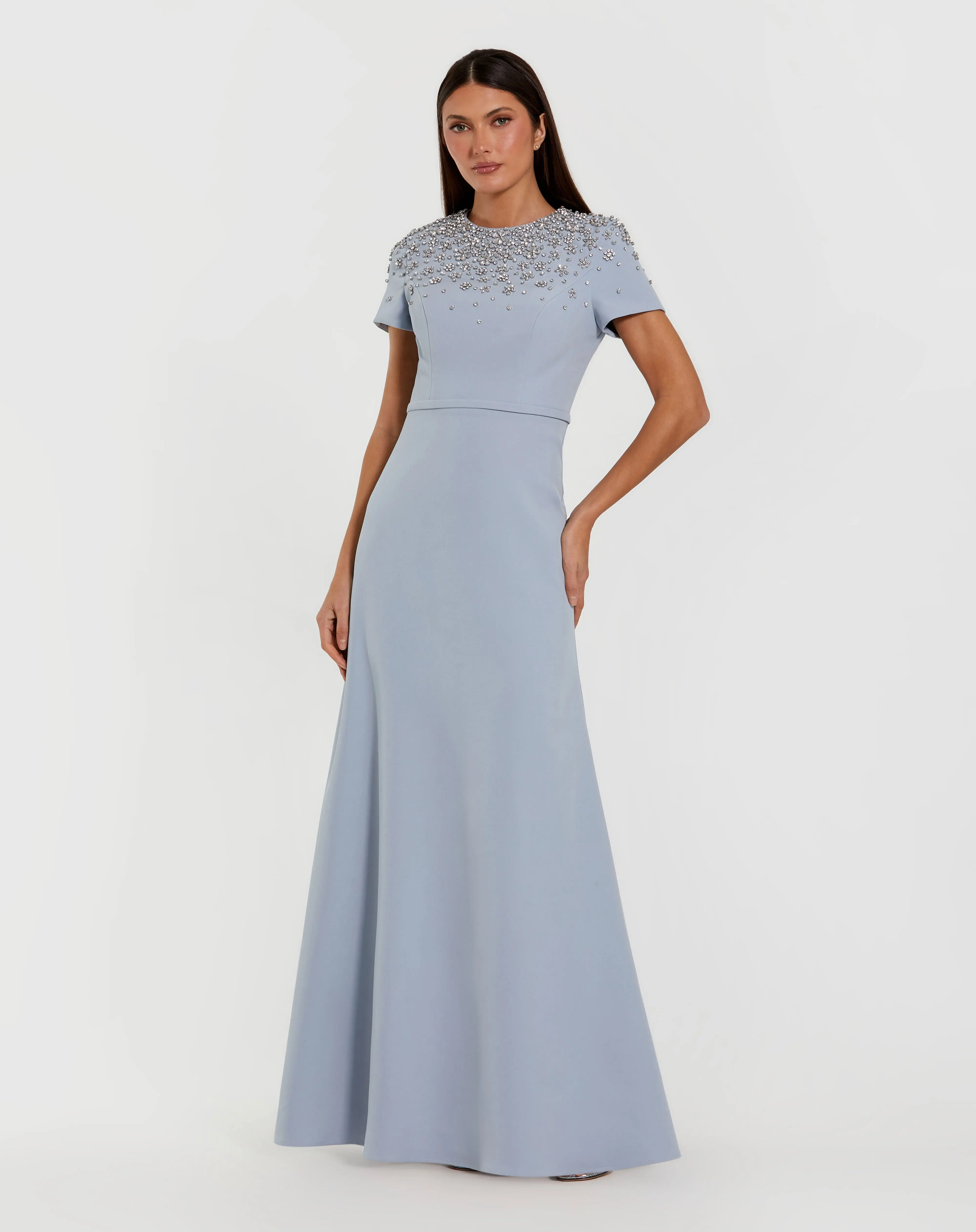 Blue High Neck Rhinestone Embellished Crepe Gown - Special Events Unlimited