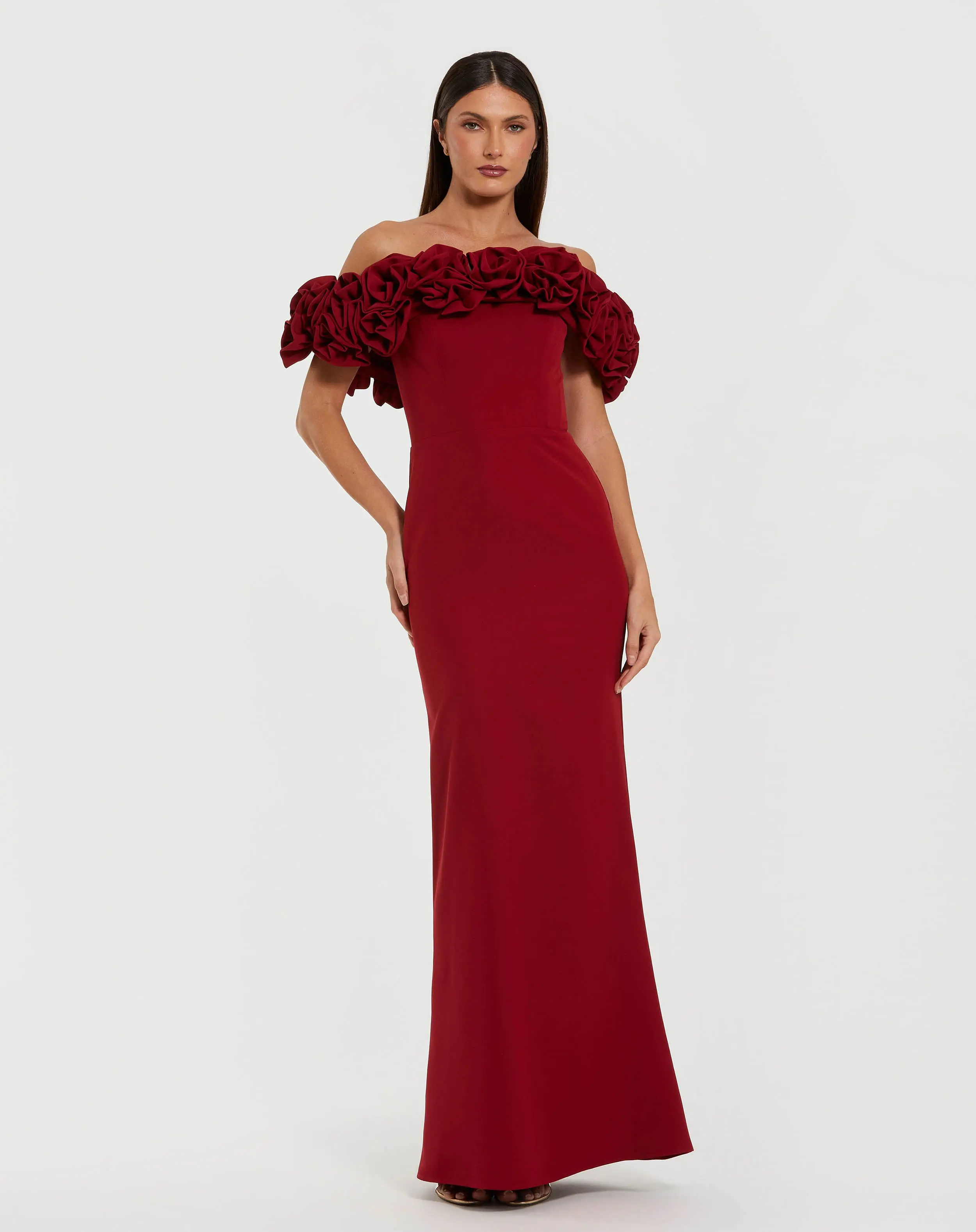 Burgundy Crepe Off The Shoulder Column Gown With 3D Roses - Special Events Unlimited
