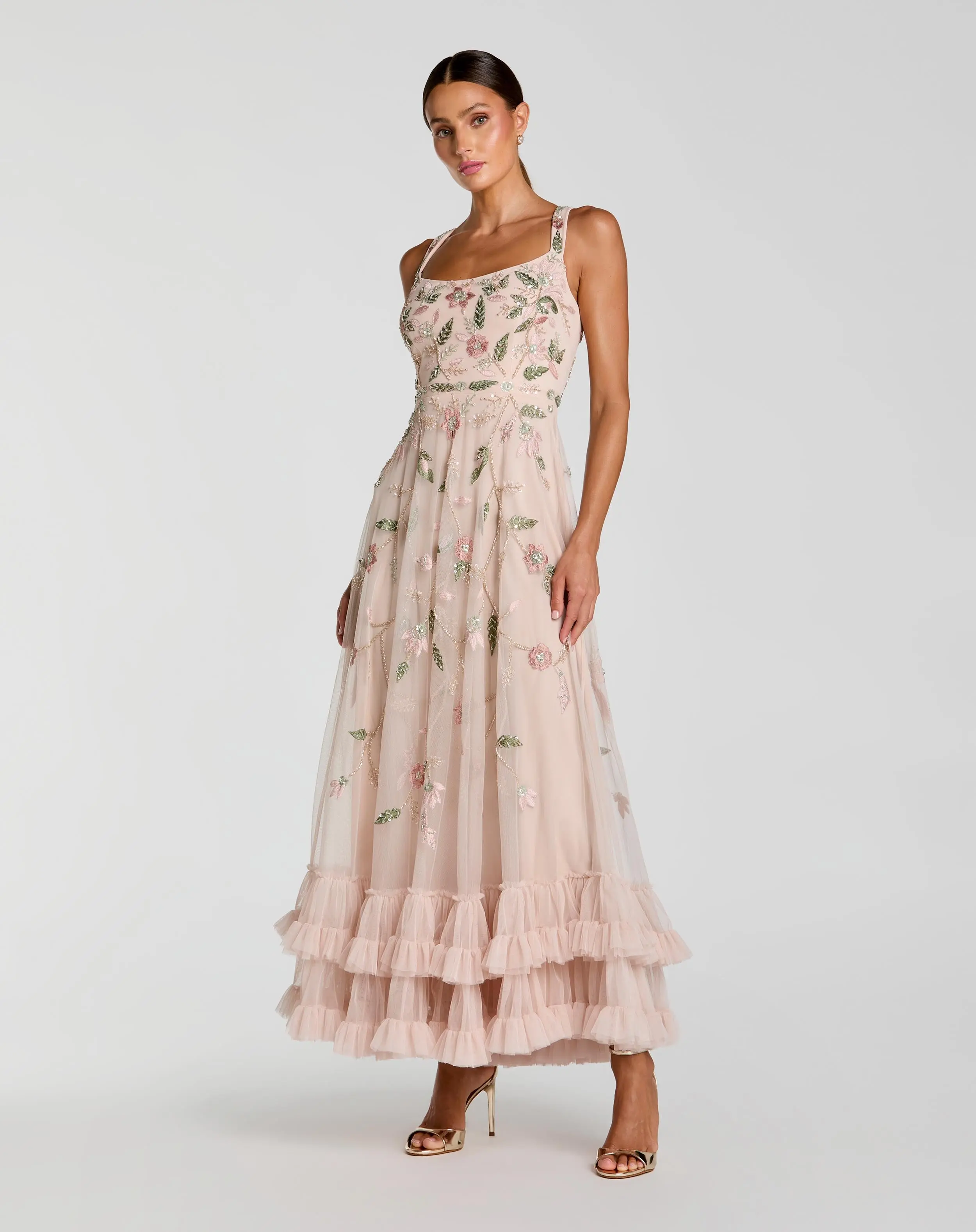 Pink Ruffle Midi Dress with Floral Embroidery - Special Events Unlimited