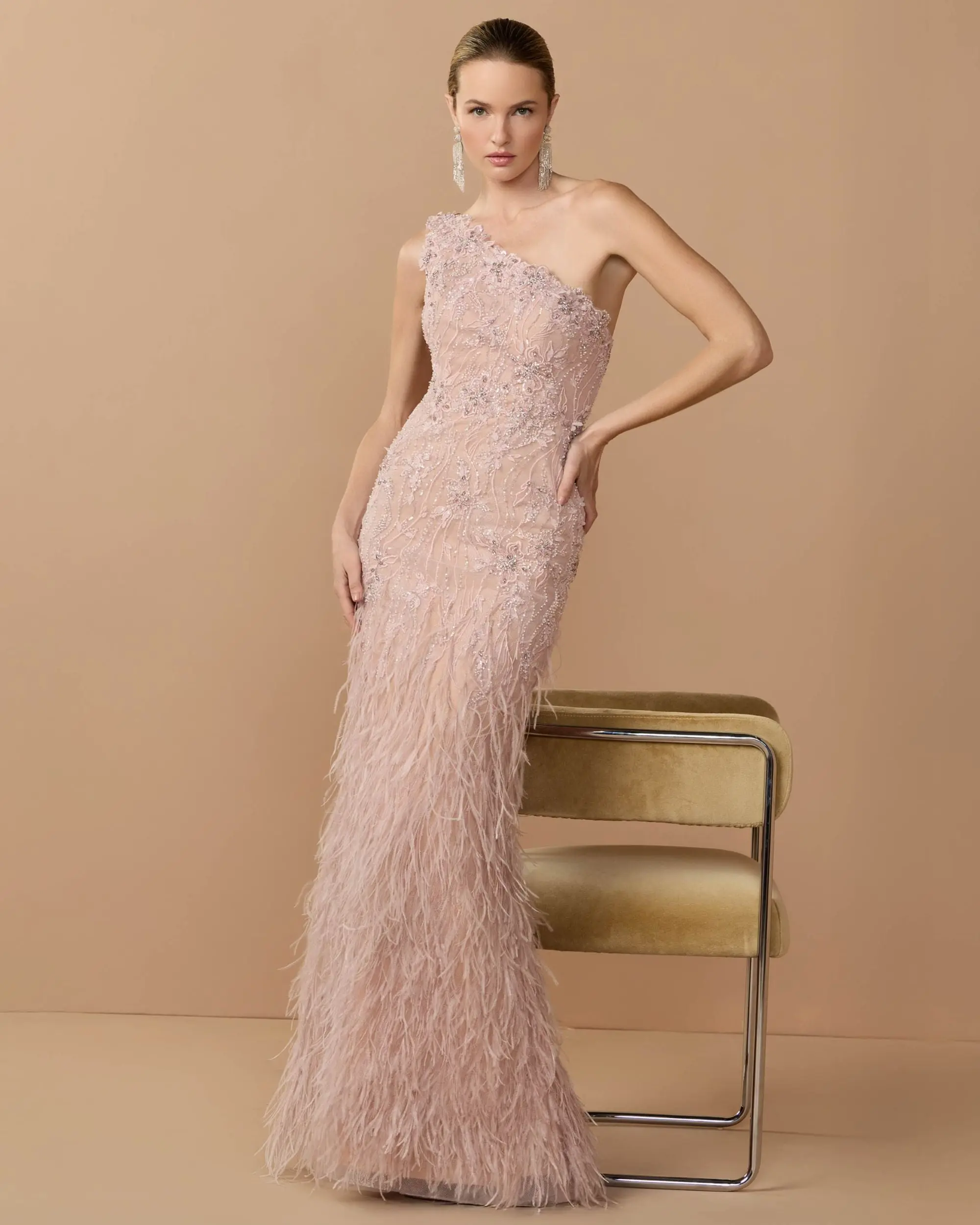 Pink Embellished Lace One Shoulder Feather Gown - Special Events Unlimited