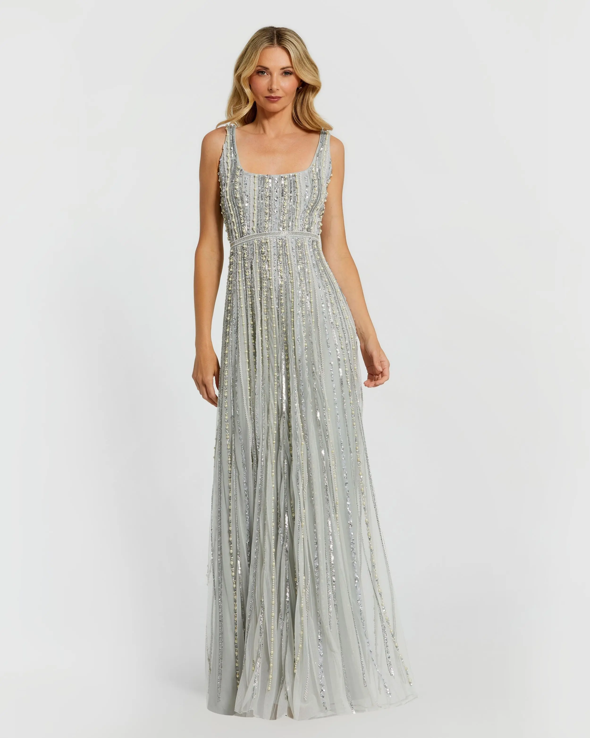 Green Scoop Neck A-Line Gown With Striped Beading - Special Events Unlimited