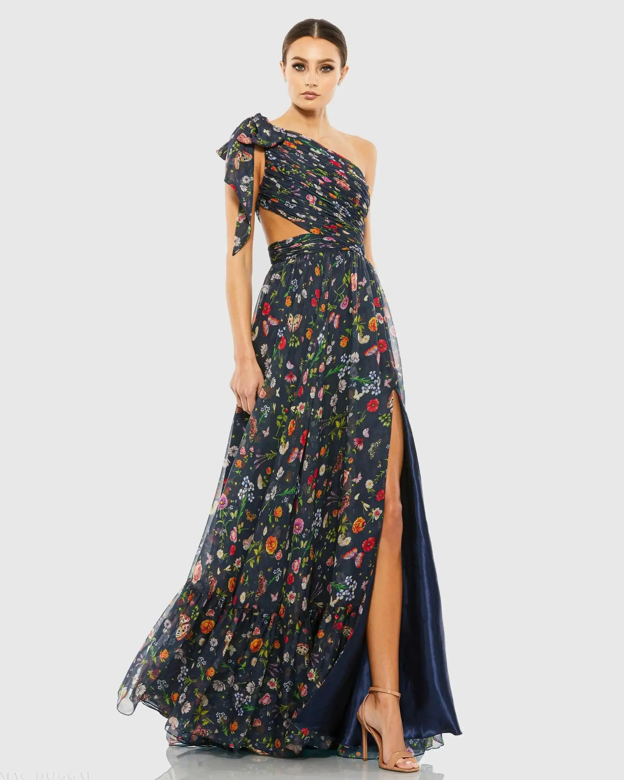 Petite Navy Tied One Shoulder Cut-Out Flowy Gown - Special Events Unlimited