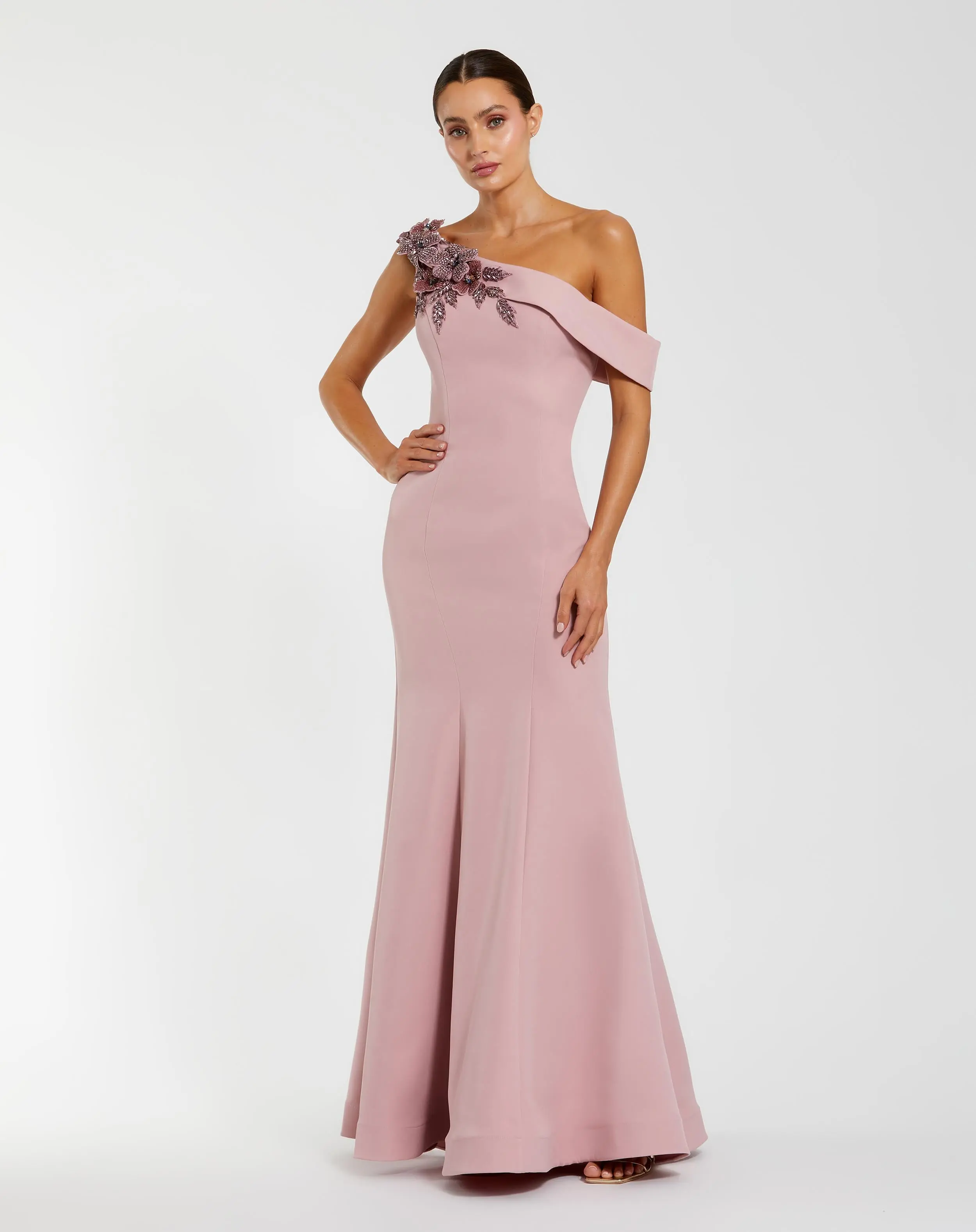 Pink One Shoulder Sleeveless Beaded Mermaid Gown - Special Events Unlimited