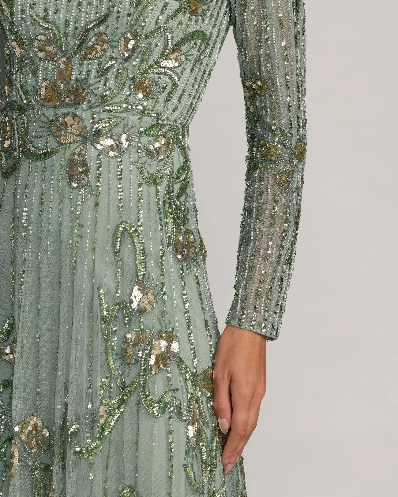 Green Beaded Long Sleeve A Line Gown - Special Events Unlimited