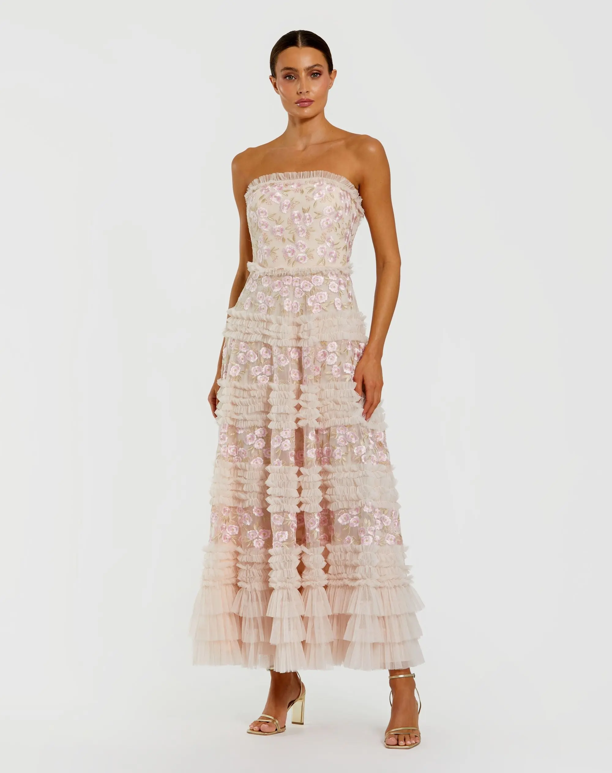 Pink Floral Embroidered Strapless Ruffle Maxi Dress - Special Events Unlimited