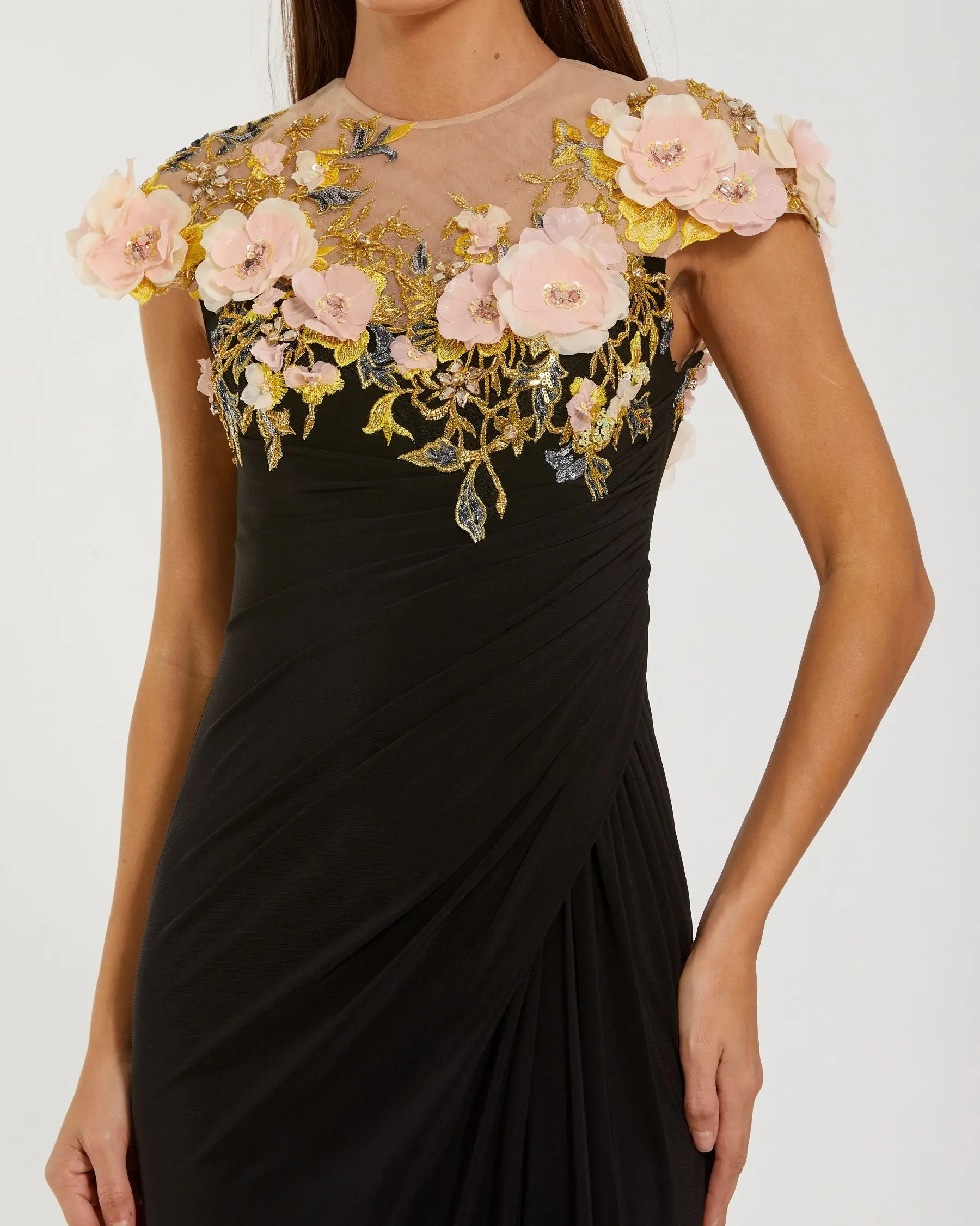 Black Jersey Column Gown With 3D Flower Embellishments - Special Events Unlimited