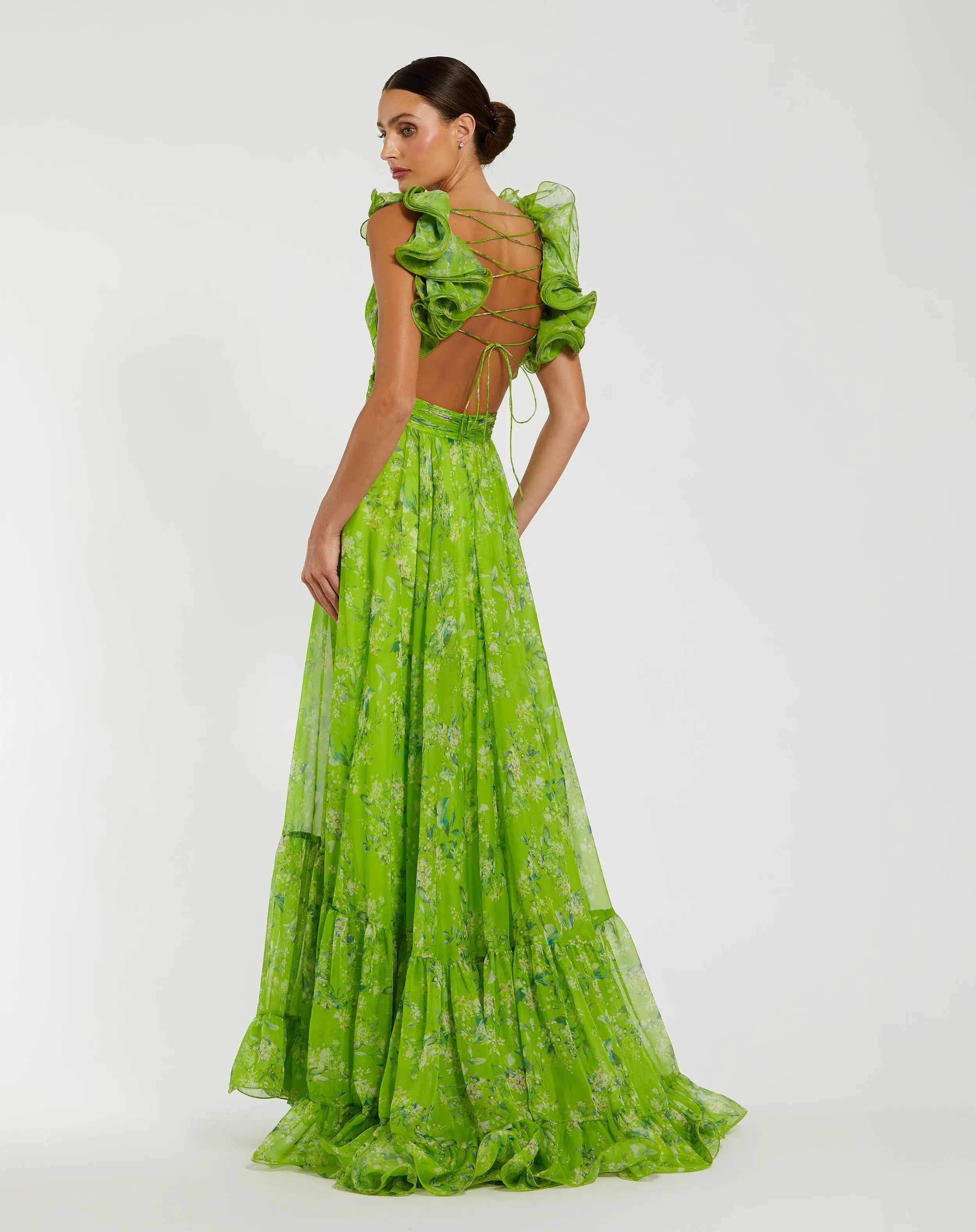 Green Ruffle Tiered Floral Cut-Out Chiffon Gown - Special Events Unlimited