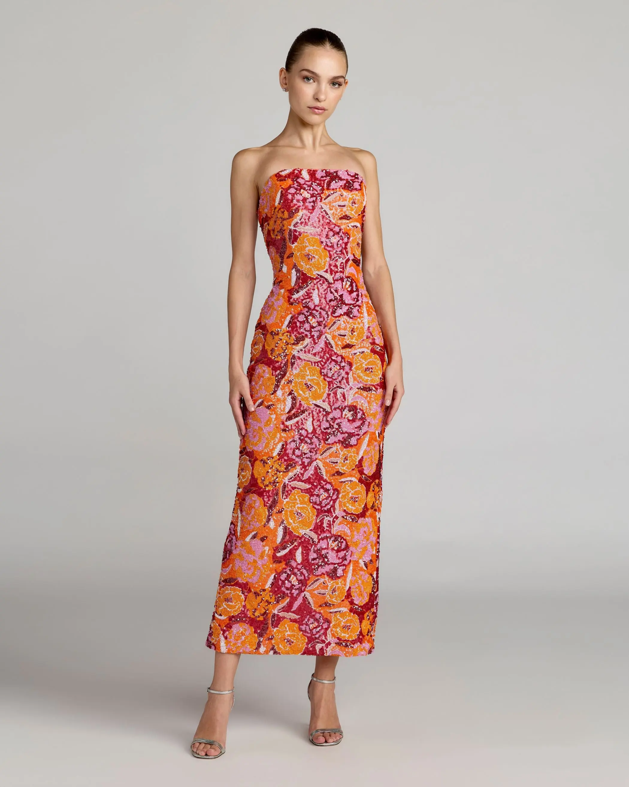 Pink and Orange Strapless Floral Sequin Midi Dress - Special Events Unlimited