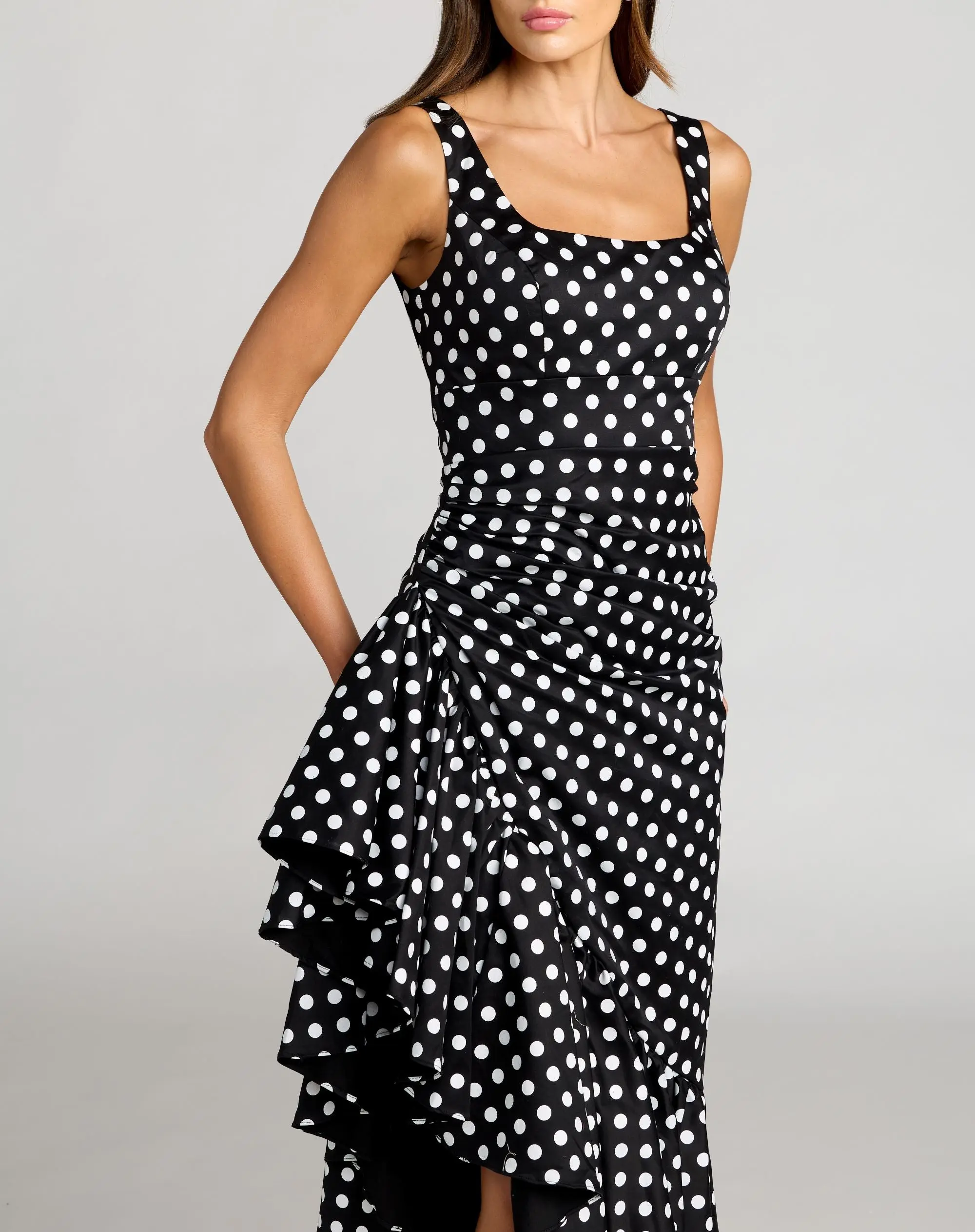 Black Sleeveless Polka Dot Midi Dress With Ruffled Hem - Special Events Unlimited