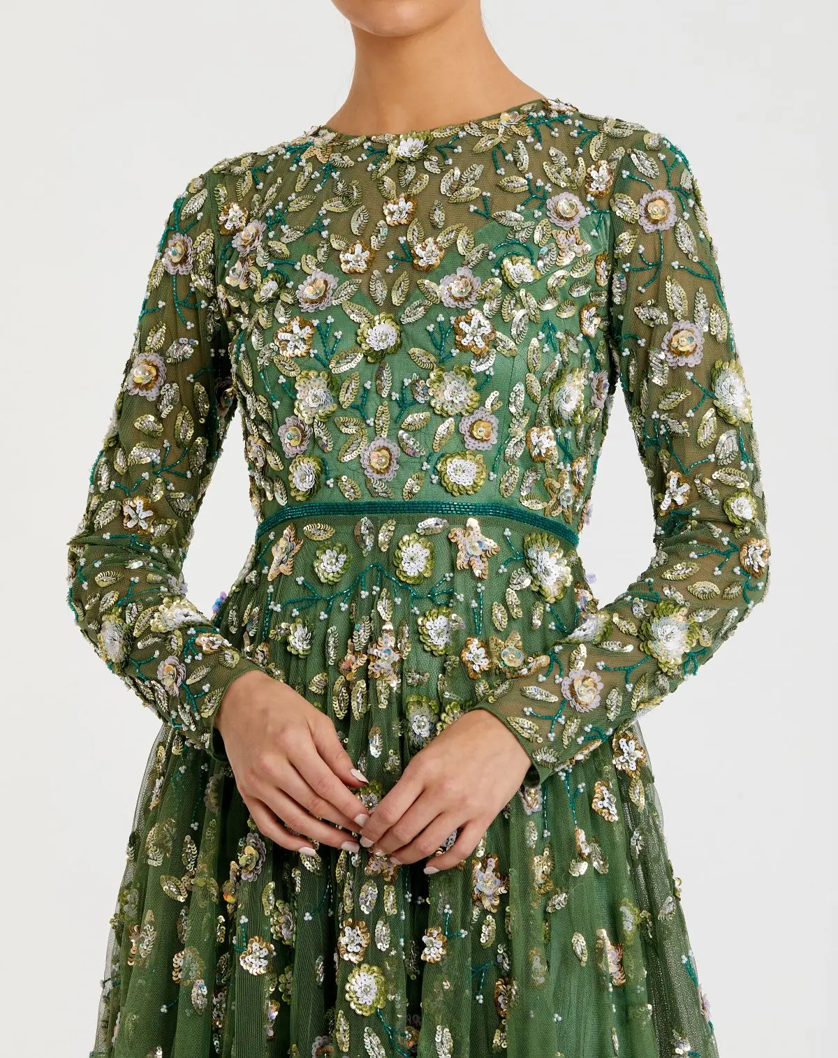 Petite Green Embellished High Neck Long Sleeve A Line Gown - Special Events Unlimited