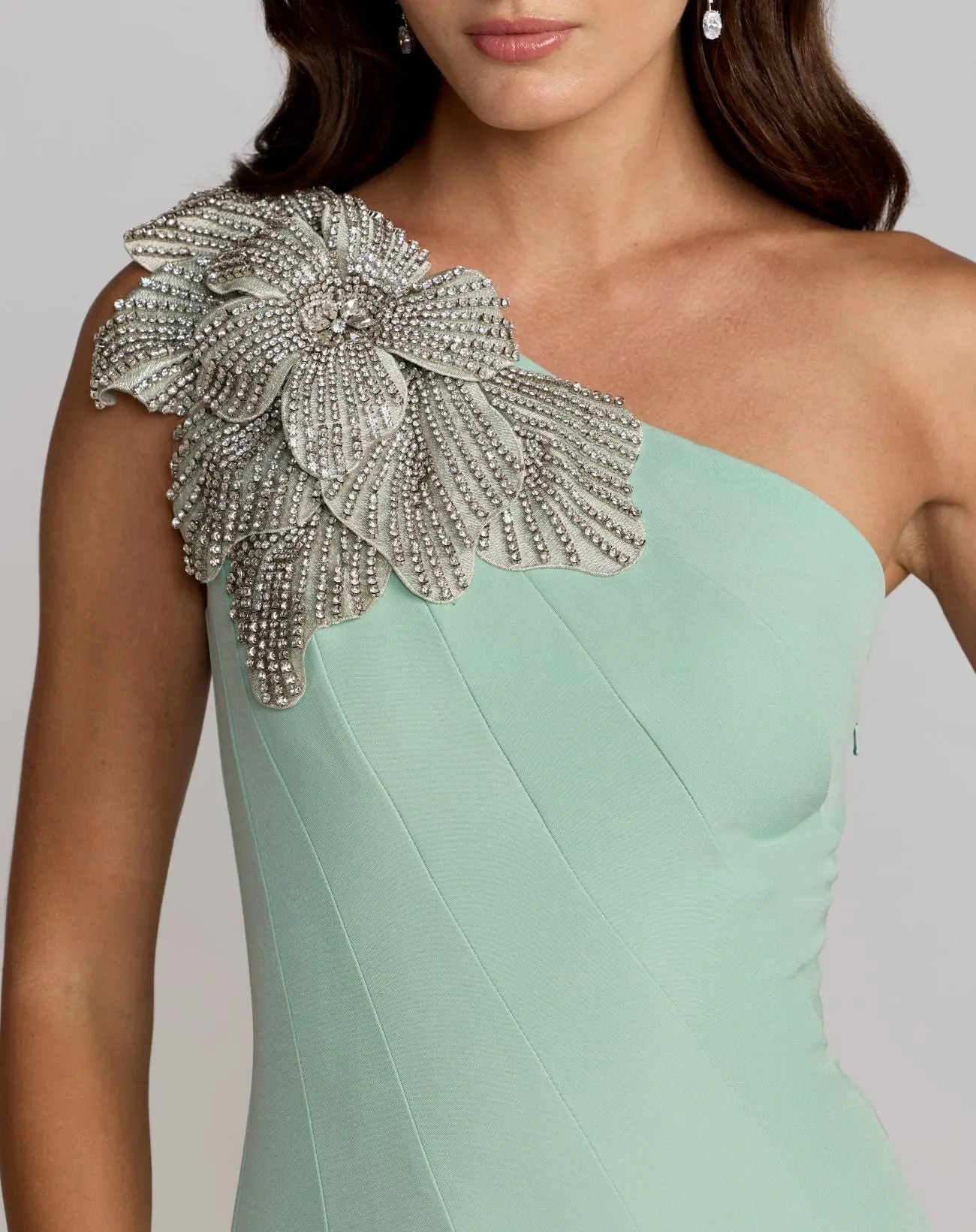 Green Crepe One Shoulder Midi Dress With Flower - Special Events Unlimited