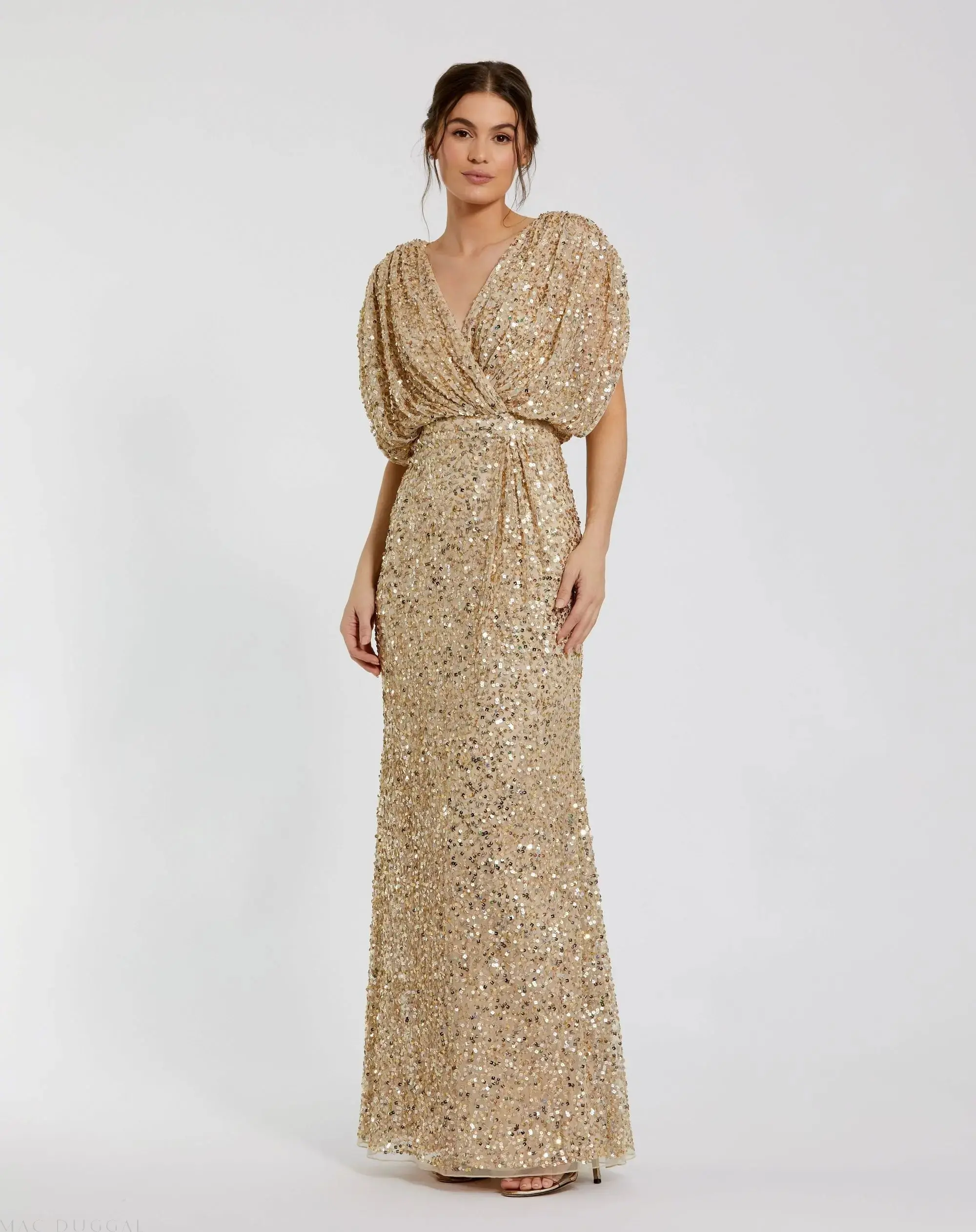 Gold Sequin Draped Sleeve V-Neck Gown - Special Events Unlimited