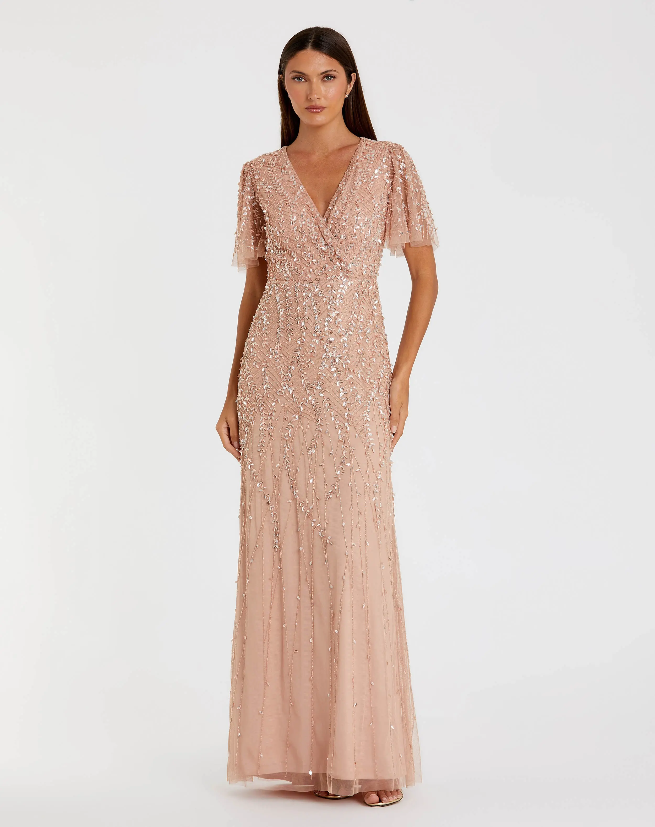 Petite Pink Embellished Flutter Sleeve Gown - Special Events Unlimited