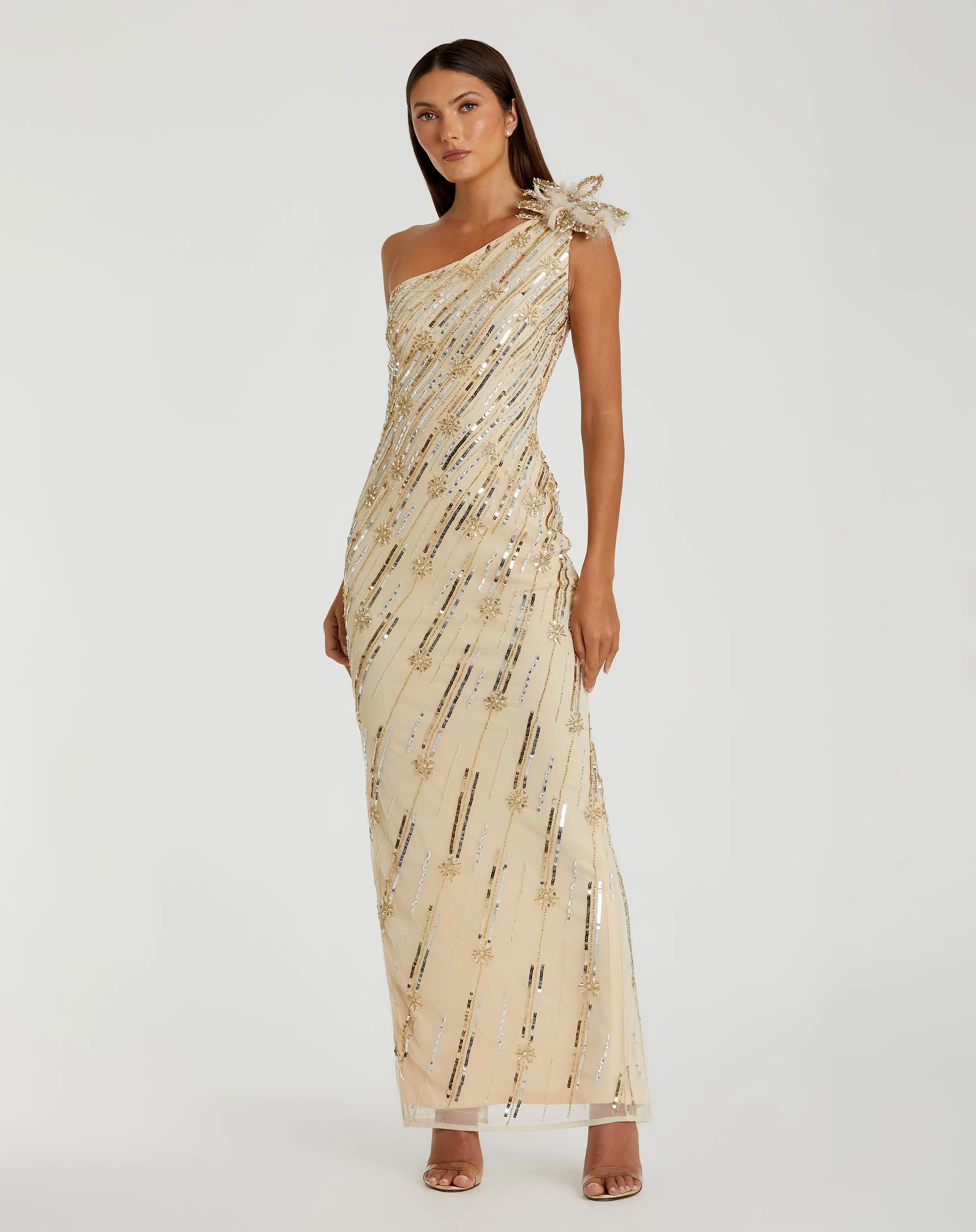 Gold Embellished Floral Detail One Shoulder Gown - Special Events Unlimited
