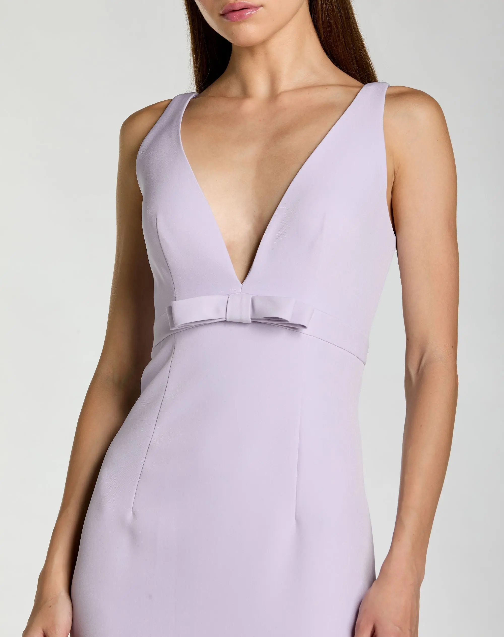 Purple Sleeveless V Neck Mermaid Gown With Bow - Special Events Unlimited