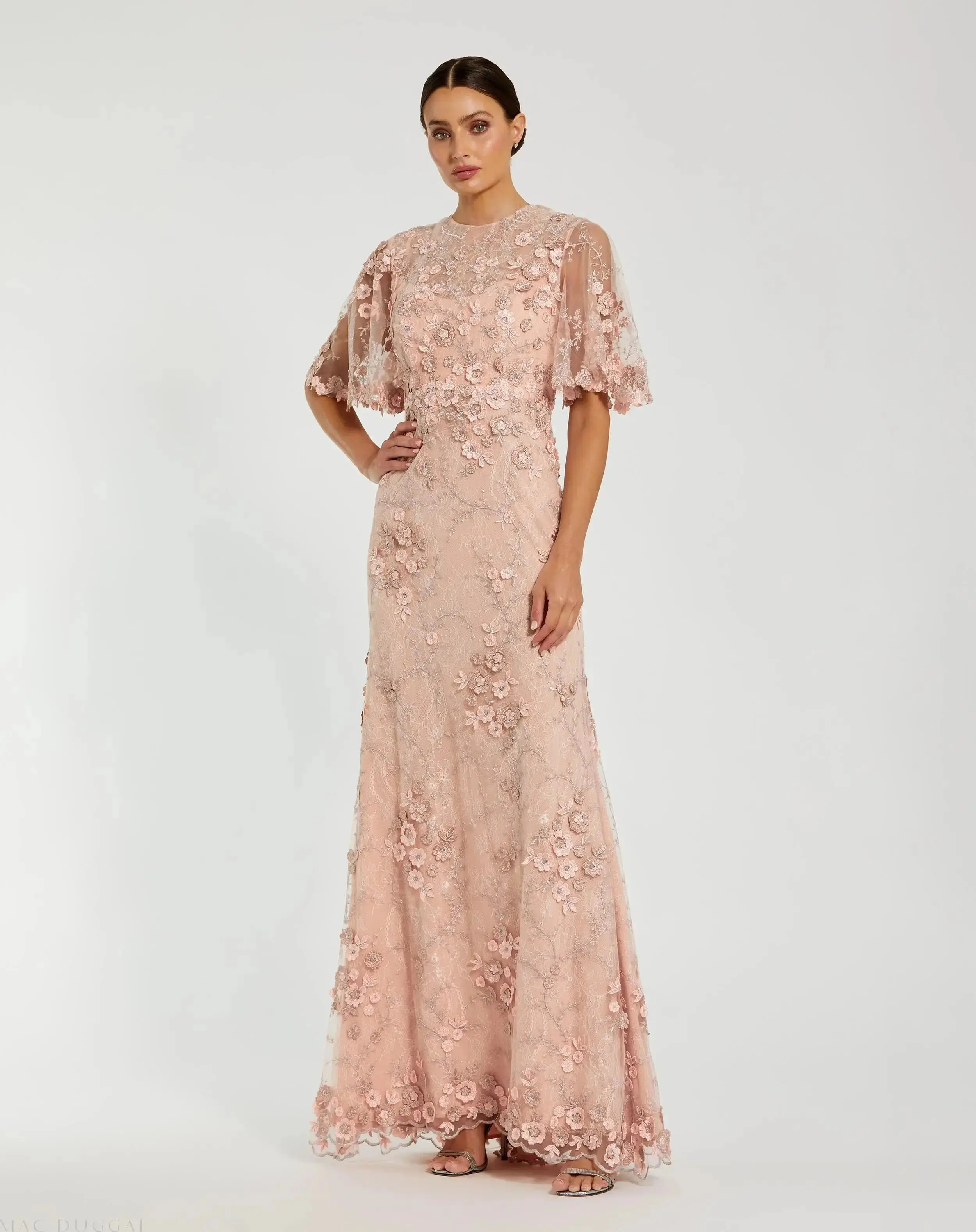 Petite Pink Flutter Sleeve Floral Embroidered Net Gown - Special Events Unlimited
