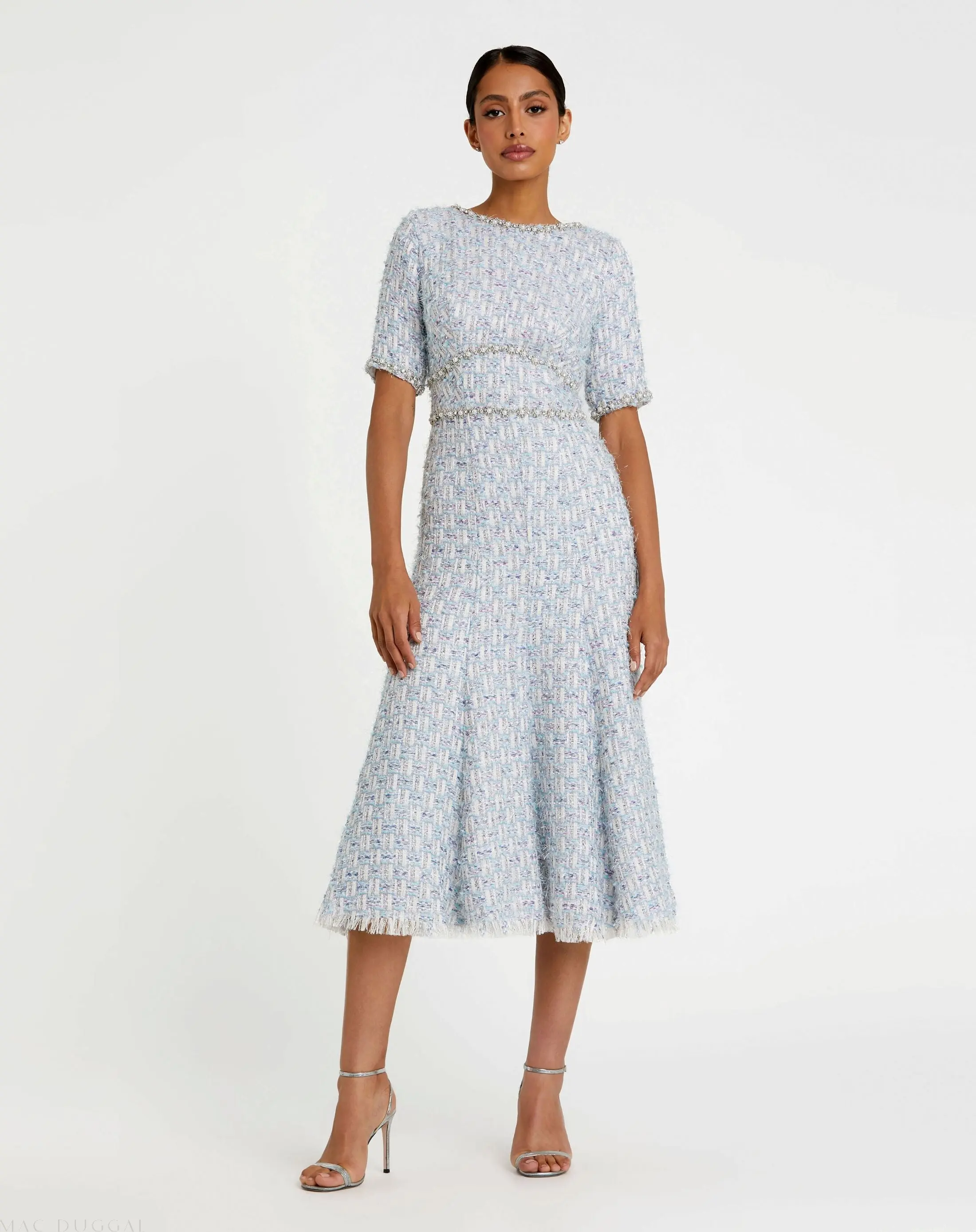 Blue Short Sleeve Beaded Trim Boucle Midi Dress - Special Events Unlimited