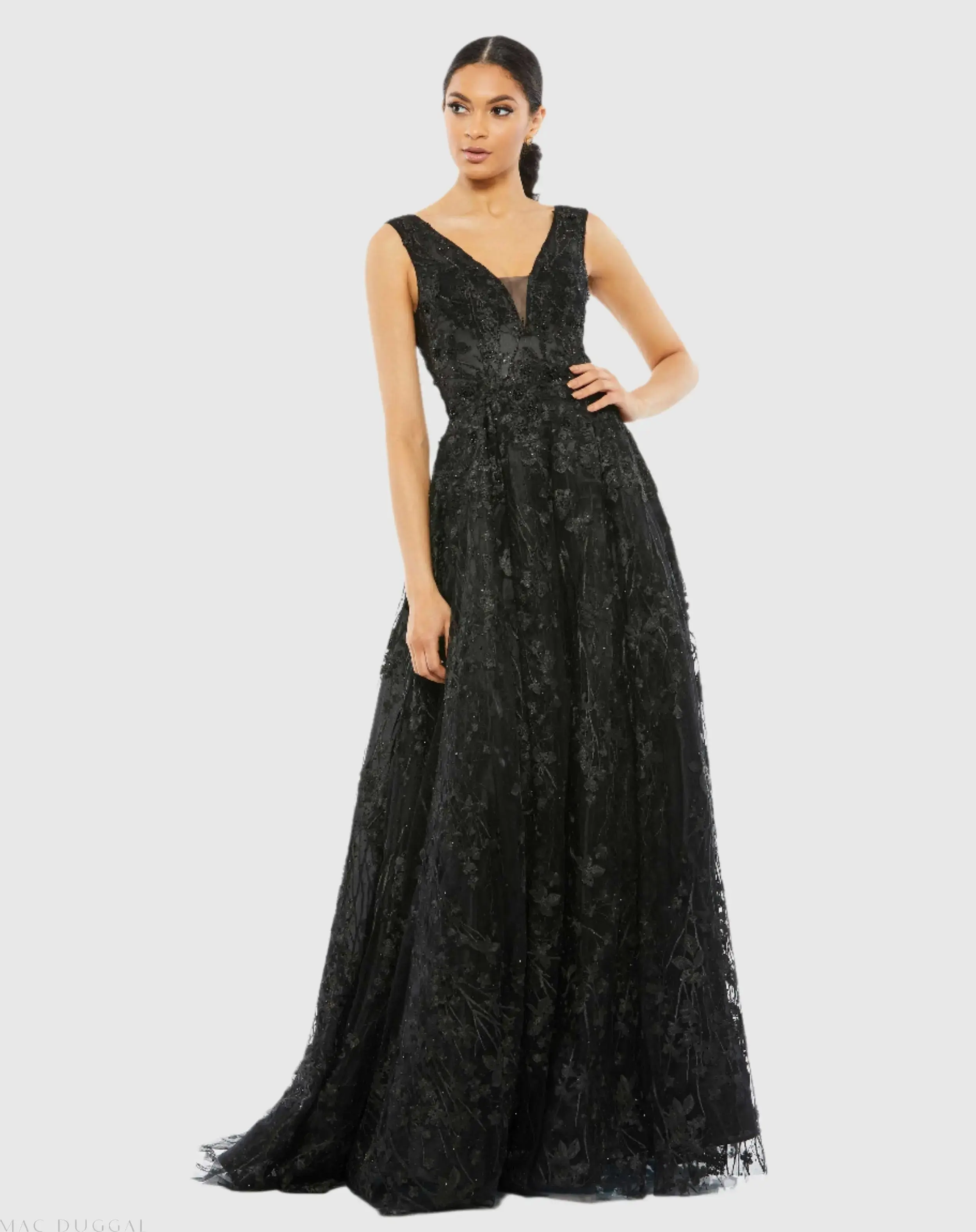 Black Floral Embroidered Illusion V-Neck Gown - Special Events Unlimited
