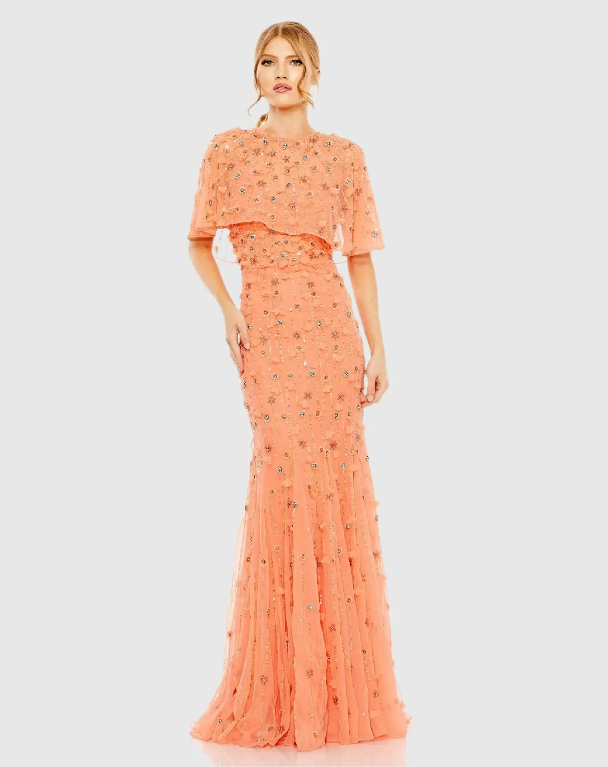 Orange Embellished Illusion Cape Sleeve Trumpet Gown - Special Events Unlimited