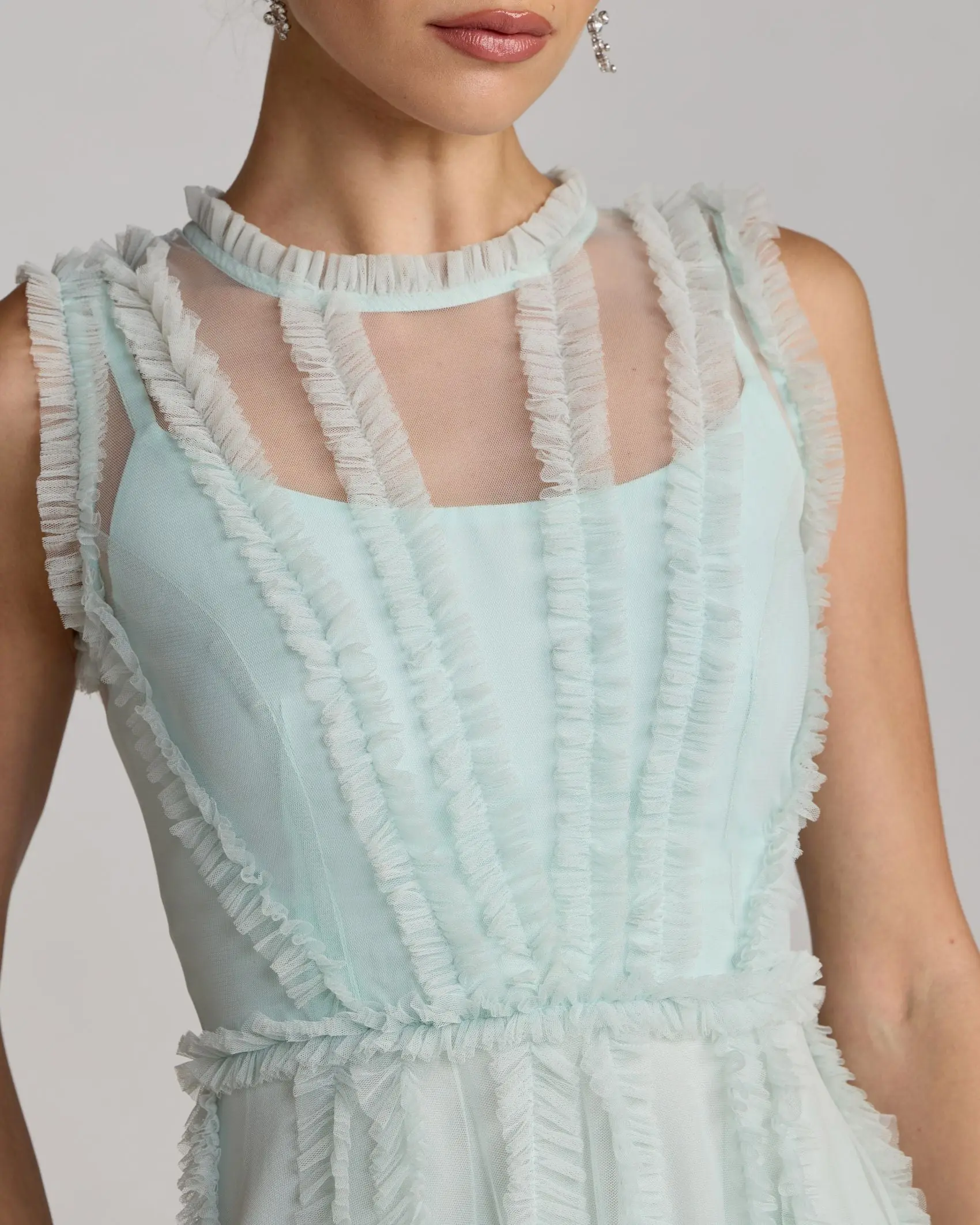 Light Blue High Neck Sleeveless Micro Ruffle Mini Dress - Special Events Unlimited