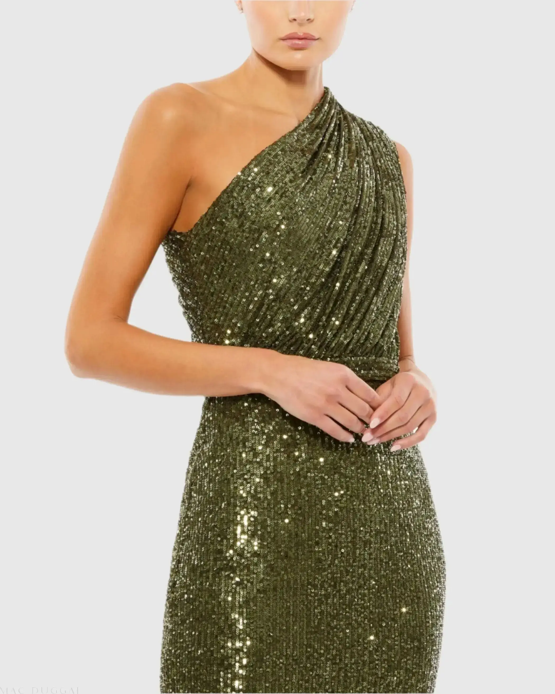 Petite Dark Green Sequined Ruched One Shoulder Gown - Special Events Unlimited