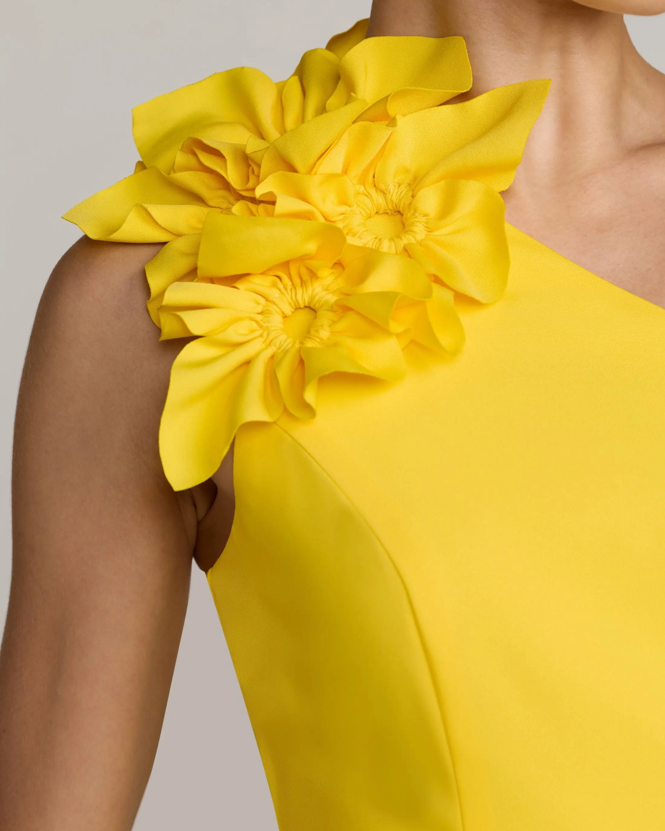 Yellow One Shoulder Crepe Gown with 3D Flower - Special Events Unlimited